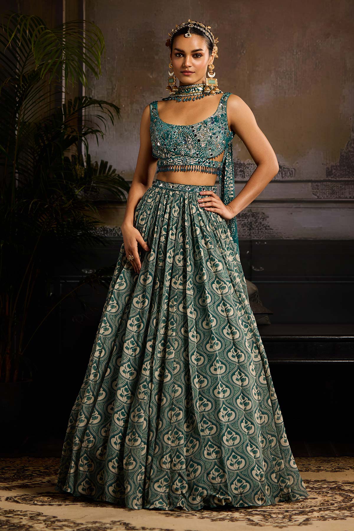 Teal Print and Highlighted Lehenga Set