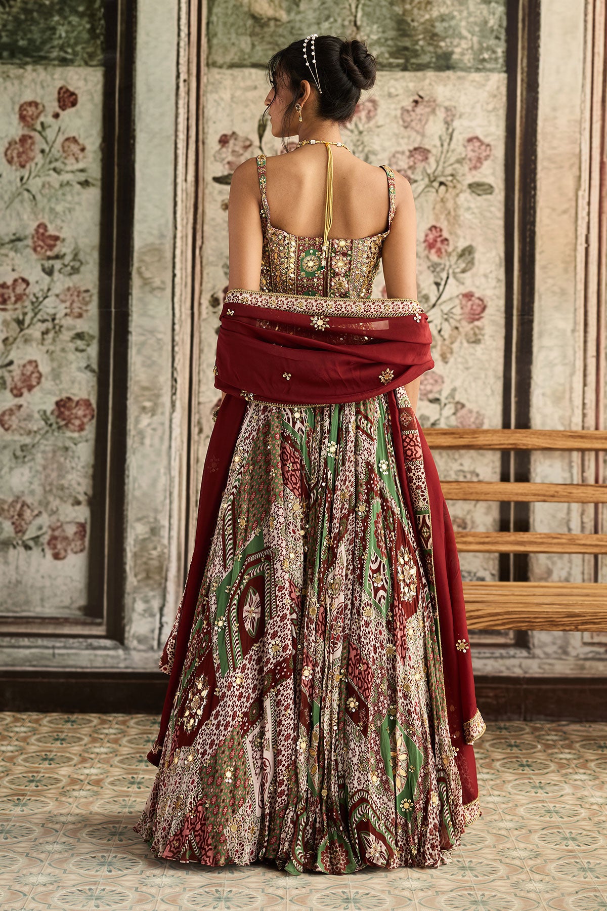 Sage-Maroon Print And Highlighted Corset Blouse Lehenga Set
