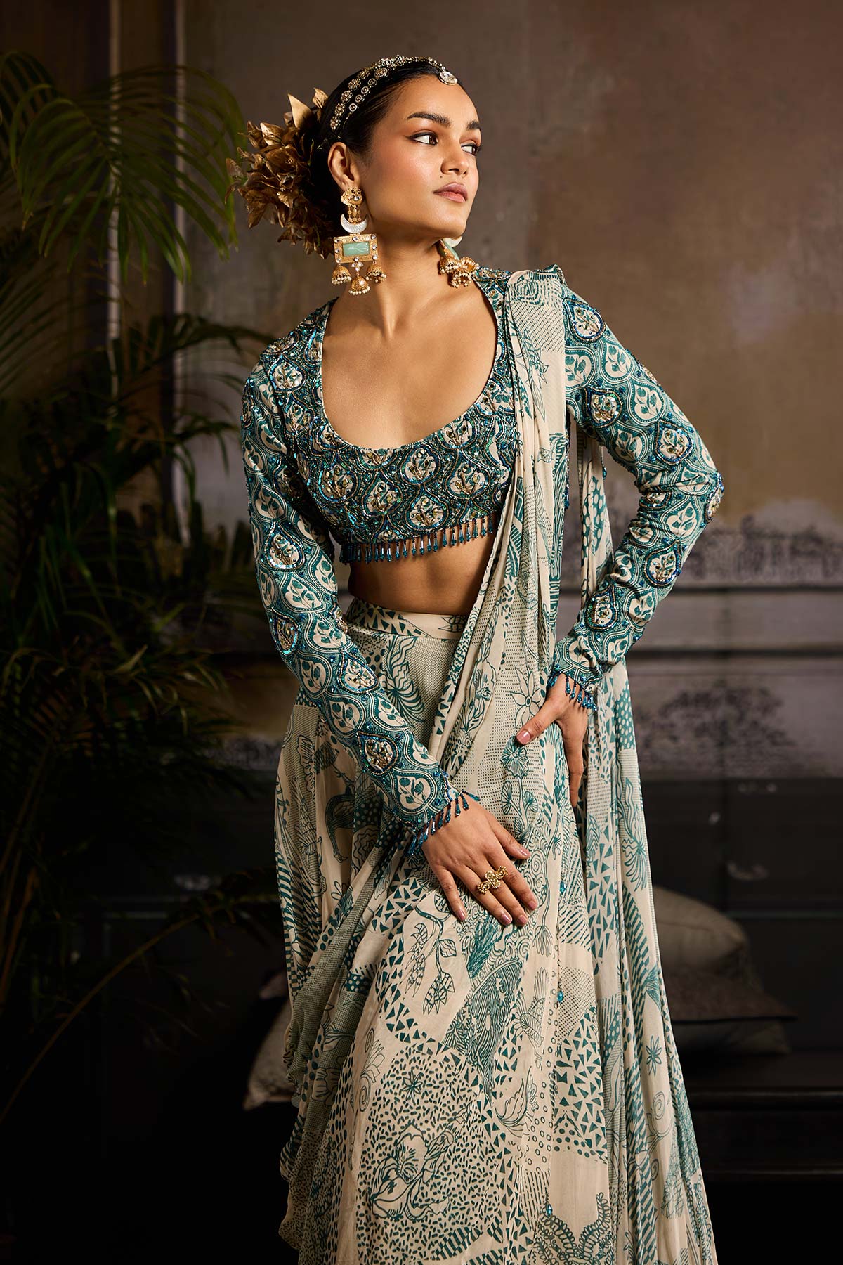 Beige & Teal Print and Highlighted Skirt Saree Set