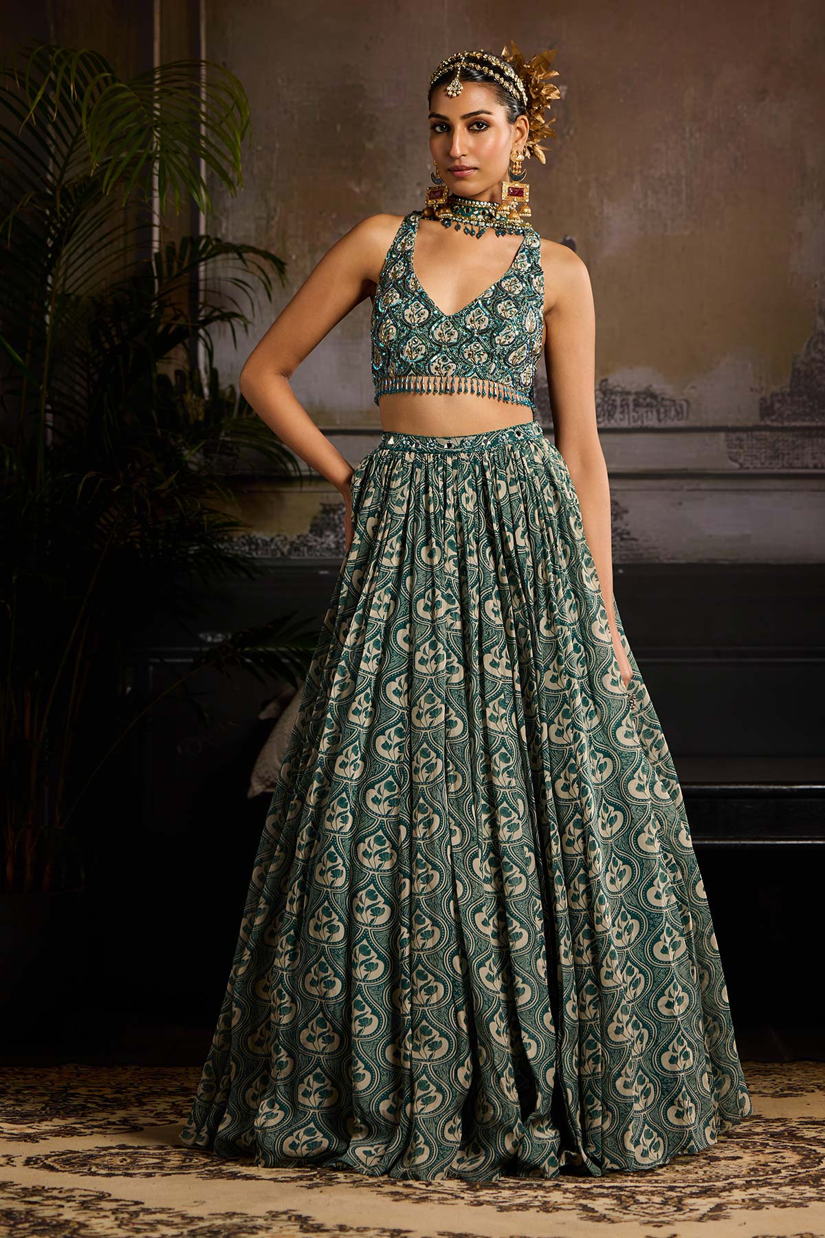 Teal Print and Highlighted Lehenga Set
