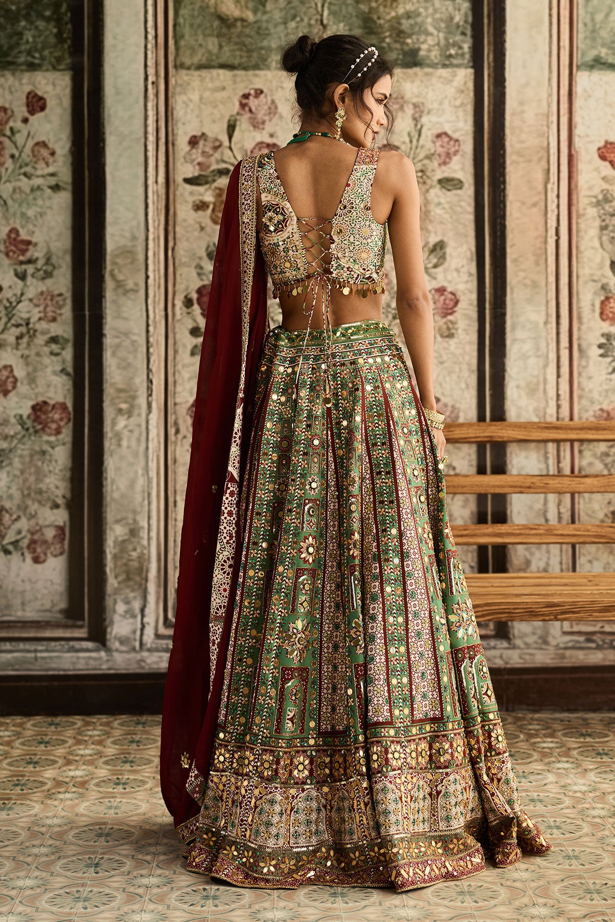 Sage-Maroon Print And Highlighted Lehenga Set