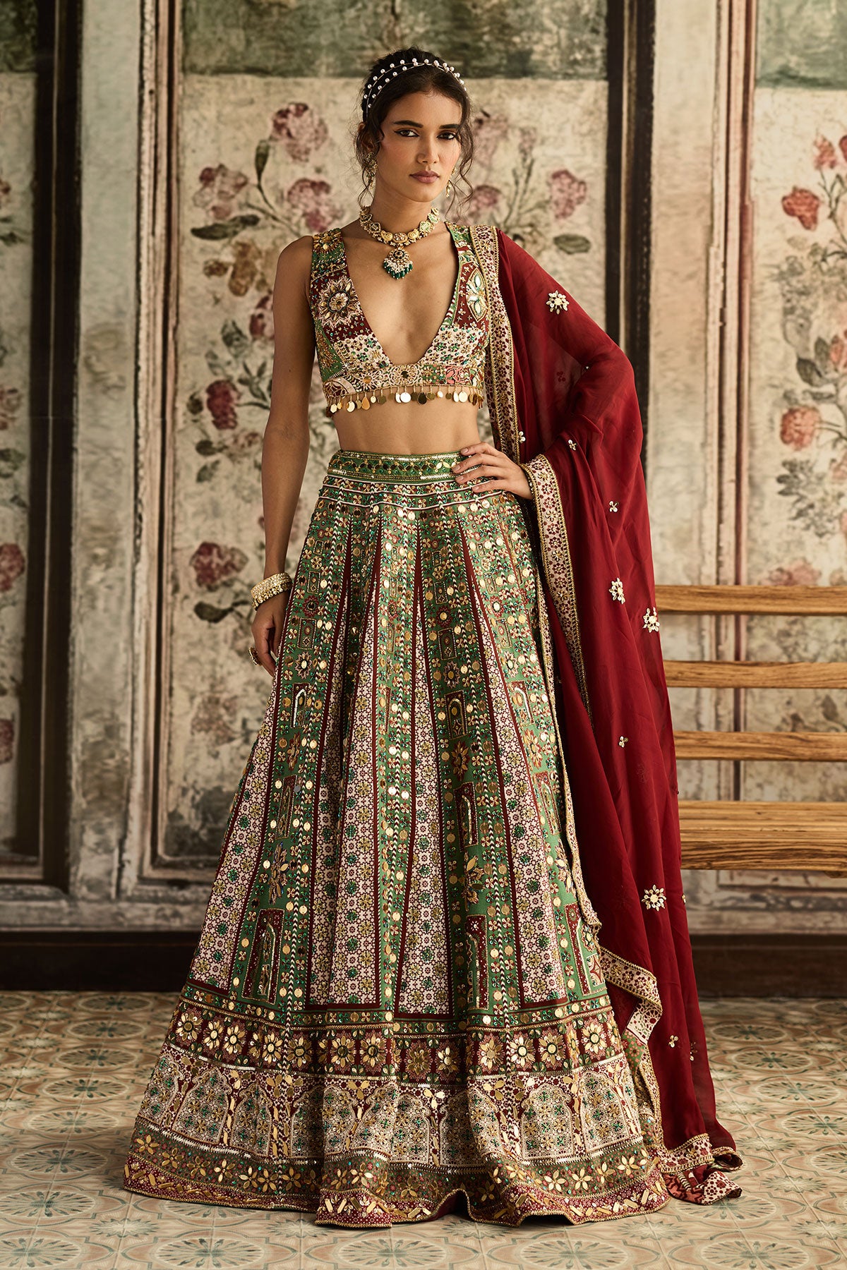 Sage-Maroon Print And Highlighted Lehenga Set