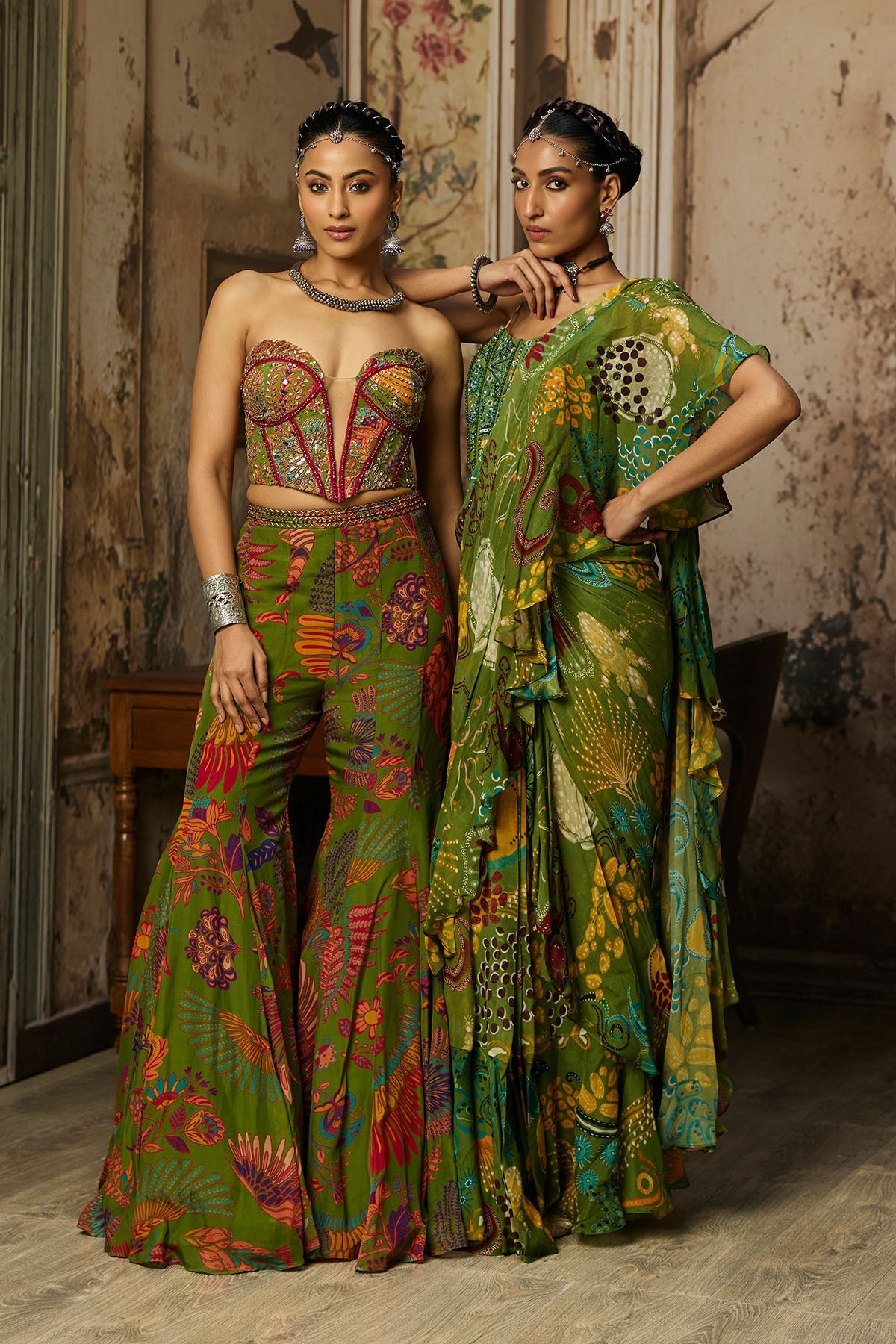 Pear Green Printed Highlighted Bell Bottom Pants Set