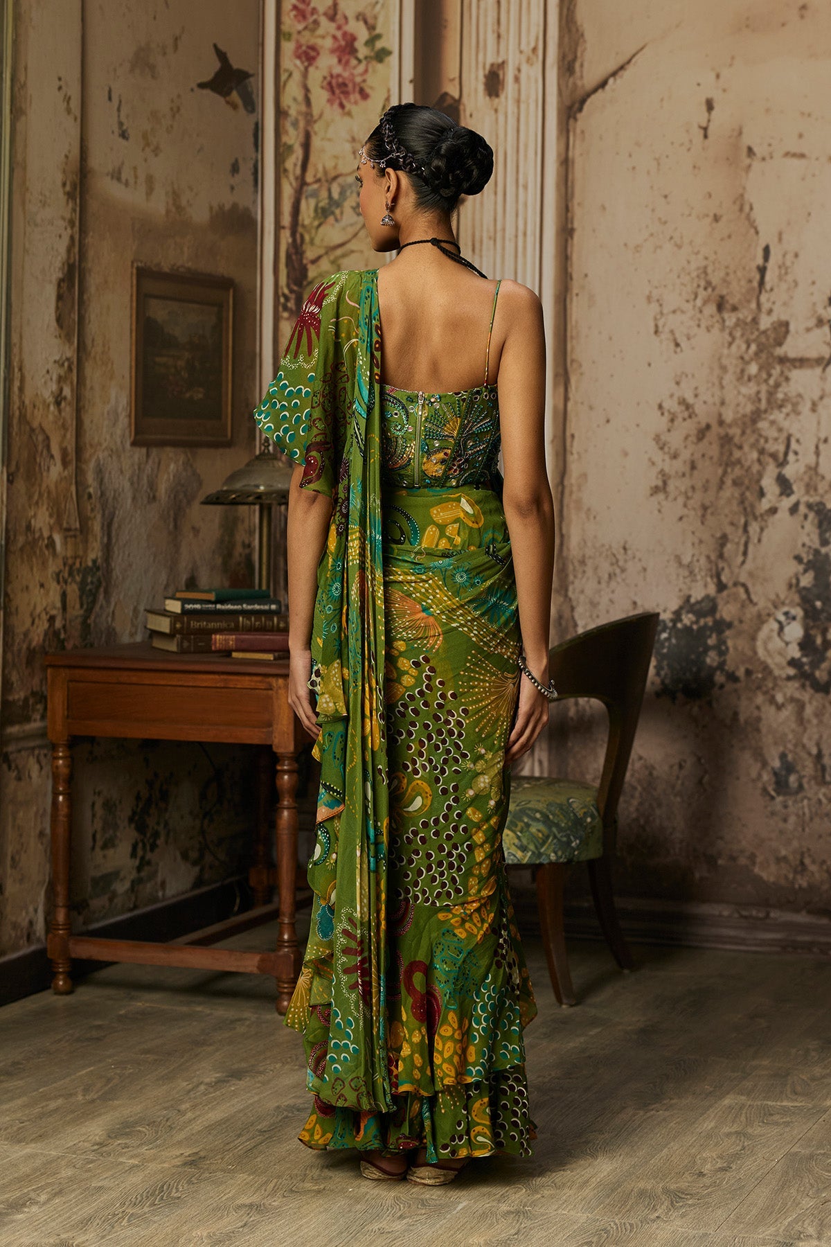 Pear Green Printed And Highlighted Ruffle Skirt Saree Set
