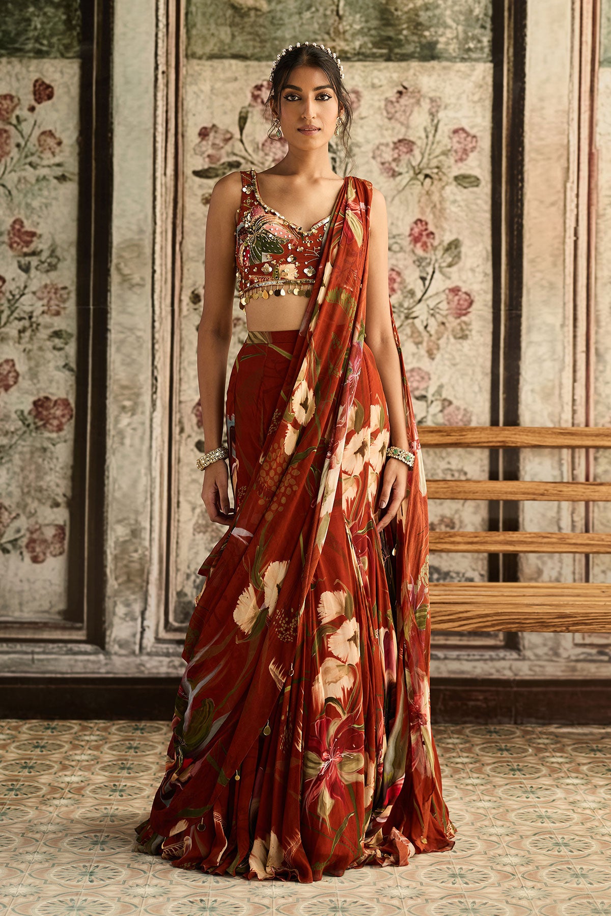 Rust Floral Print And Highlighted  Mermaid Saree  Set