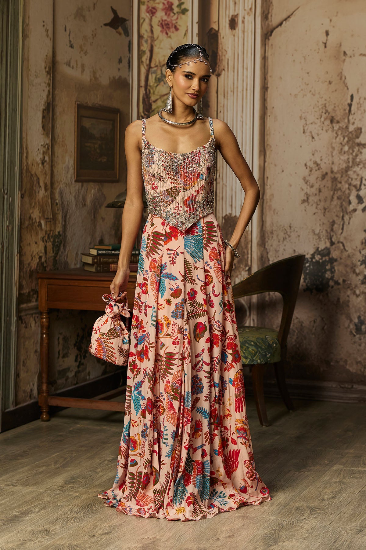 Blush Pink Printed And Highlighted Corset Gown