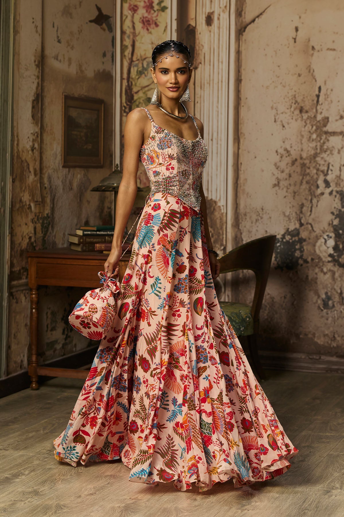 Blush Pink Printed And Highlighted Corset Gown