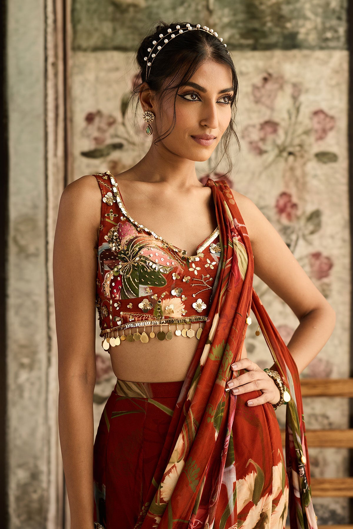 Rust Floral Print And Highlighted Mermaid Saree Set