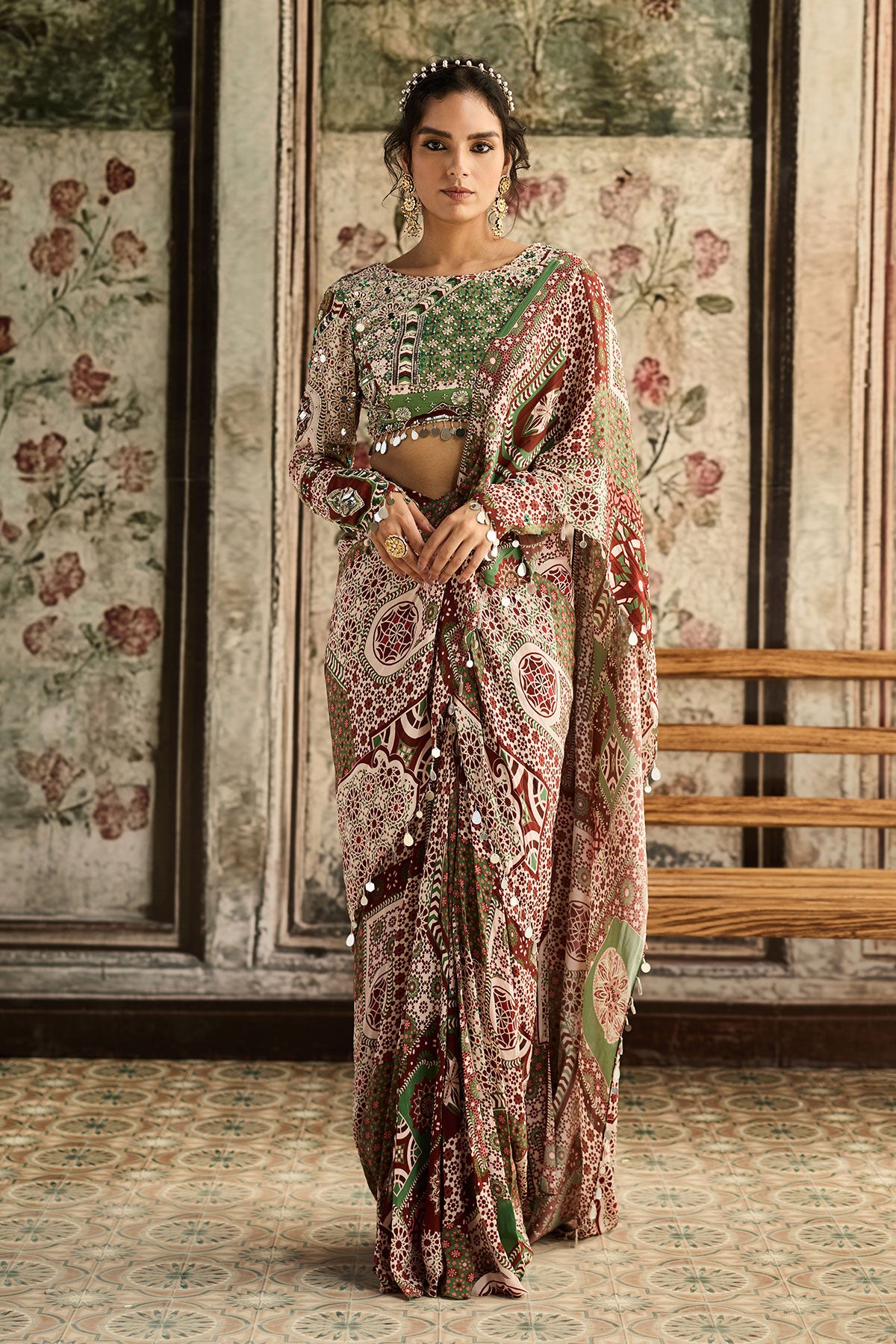 Sage-Maroon Print And Highlighted Dhoti Saree Set