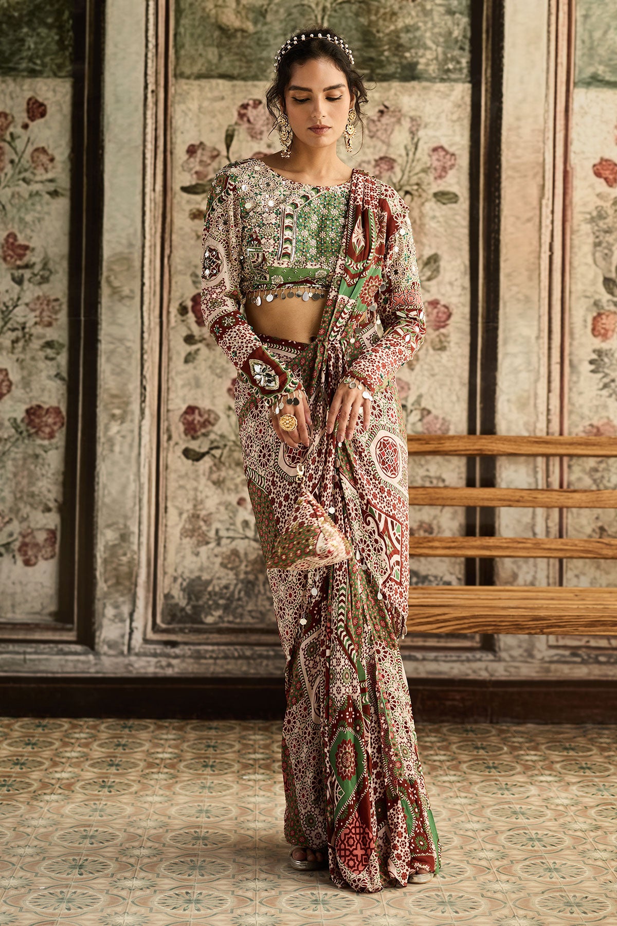 Sage-Maroon Print And Highlighted Dhoti Saree Set