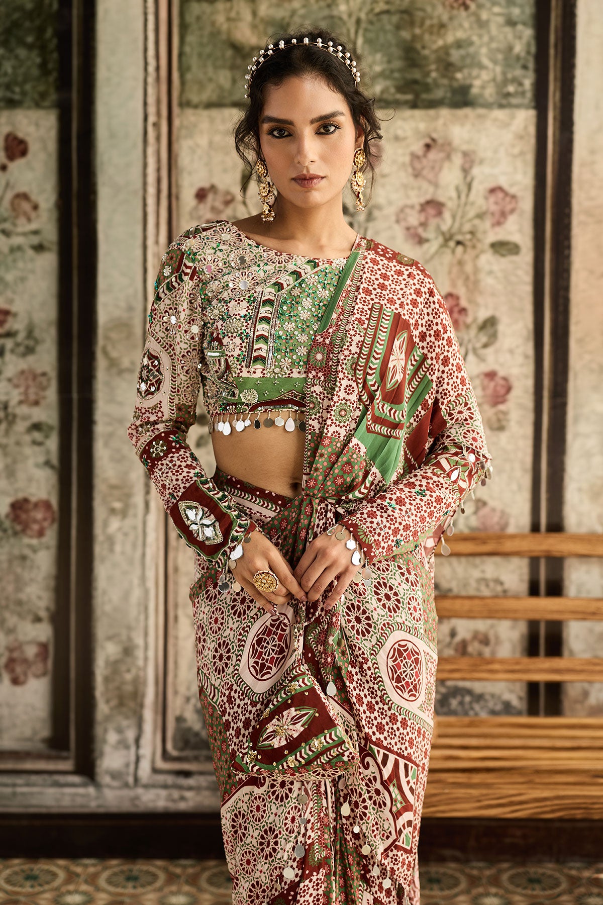 Sage-Maroon Print And Highlighted Dhoti Saree Set