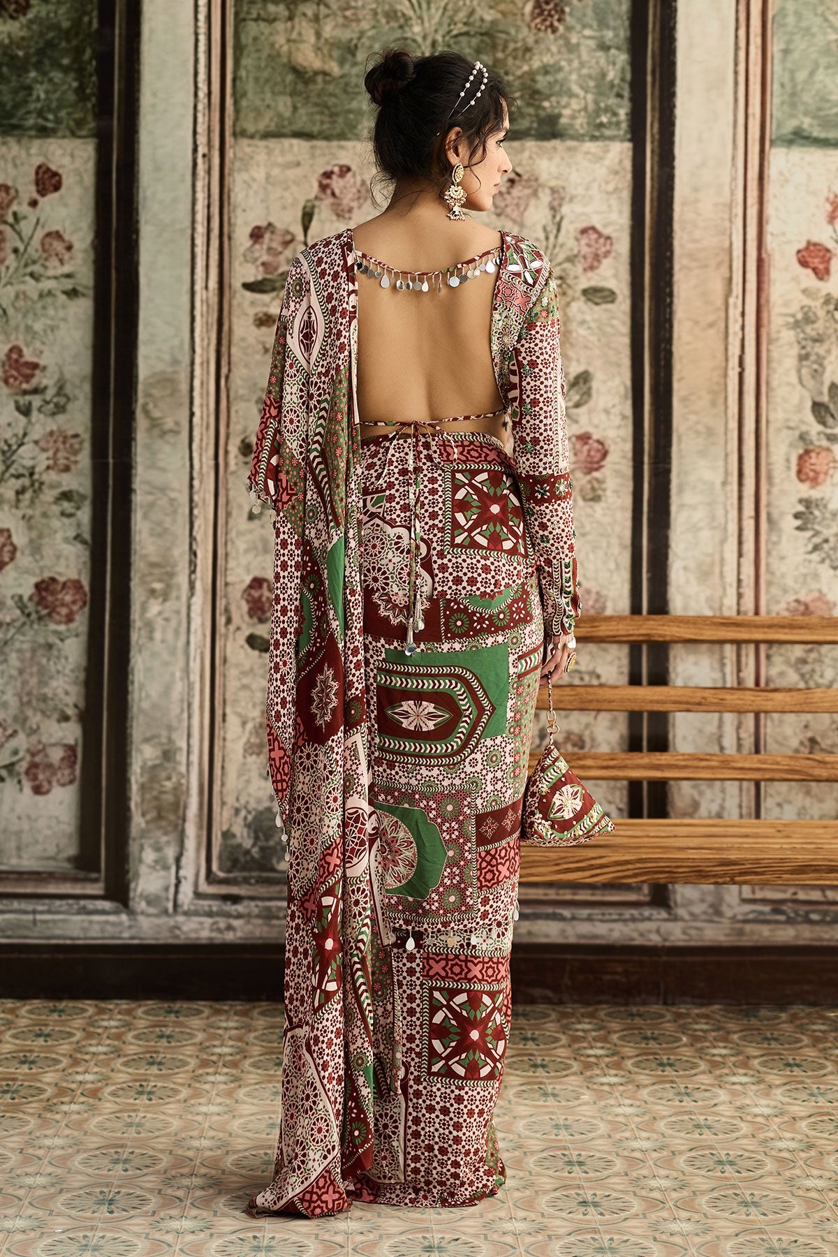 Sage-Maroon Print And Highlighted Dhoti Saree Set