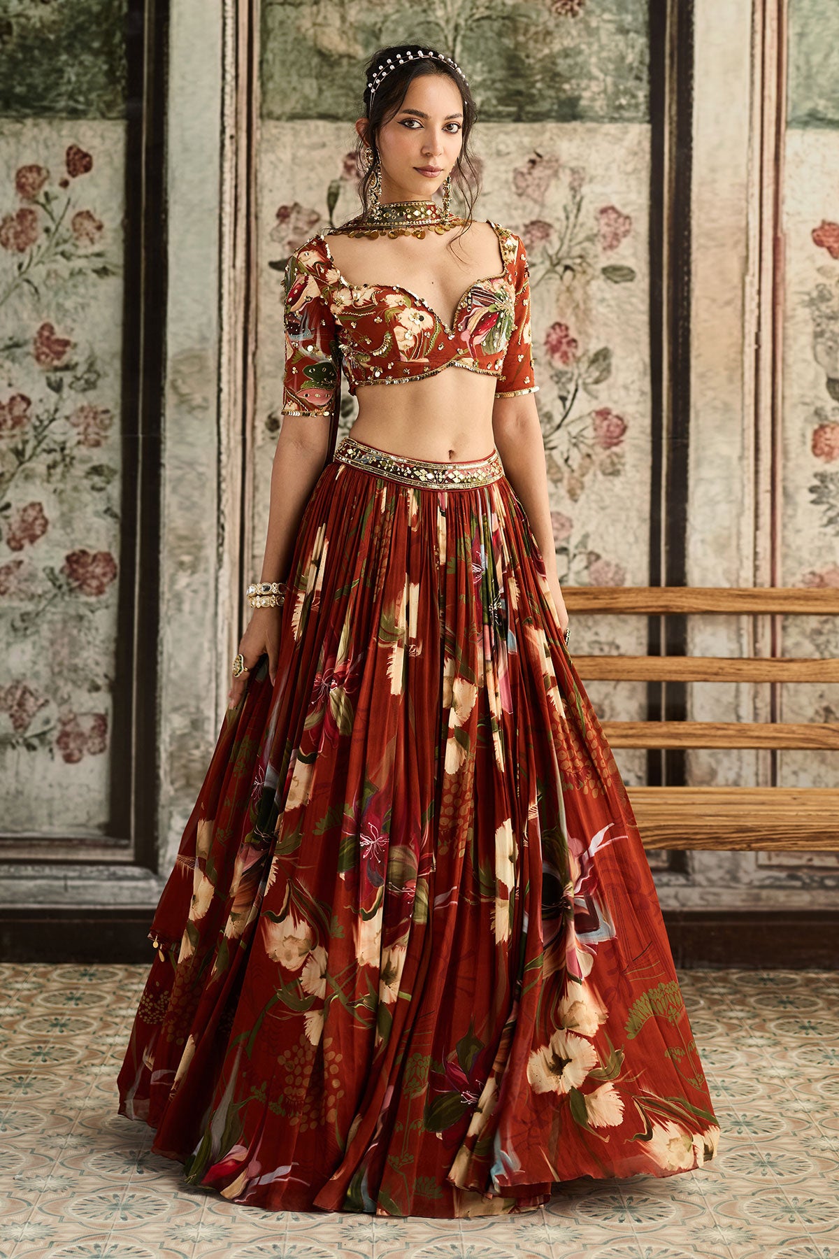 Rust Floral Printed Lehenga Set