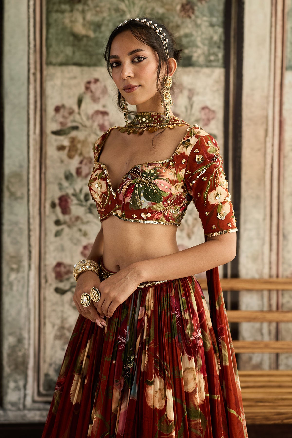 Rust Floral Printed Lehenga Set