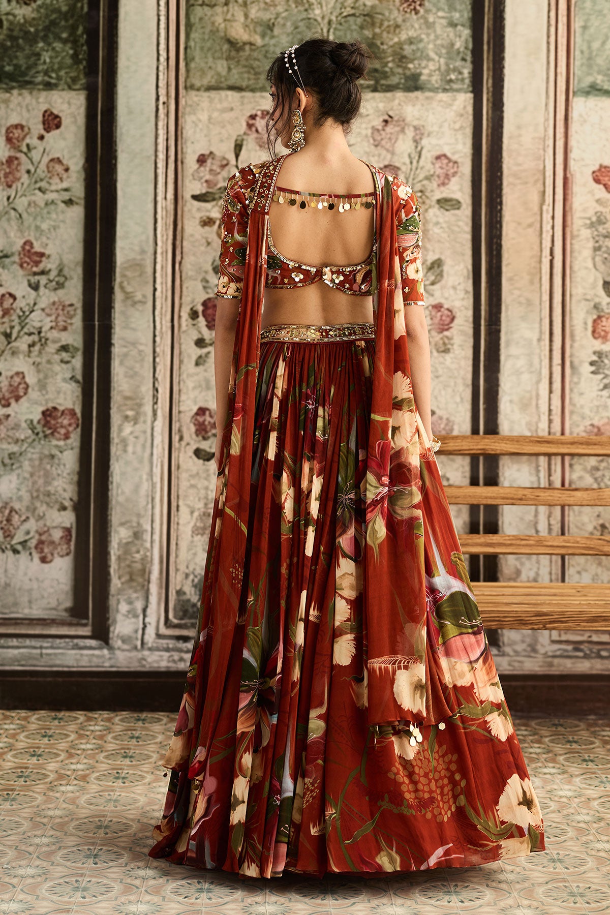 Rust Floral Printed Lehenga Set