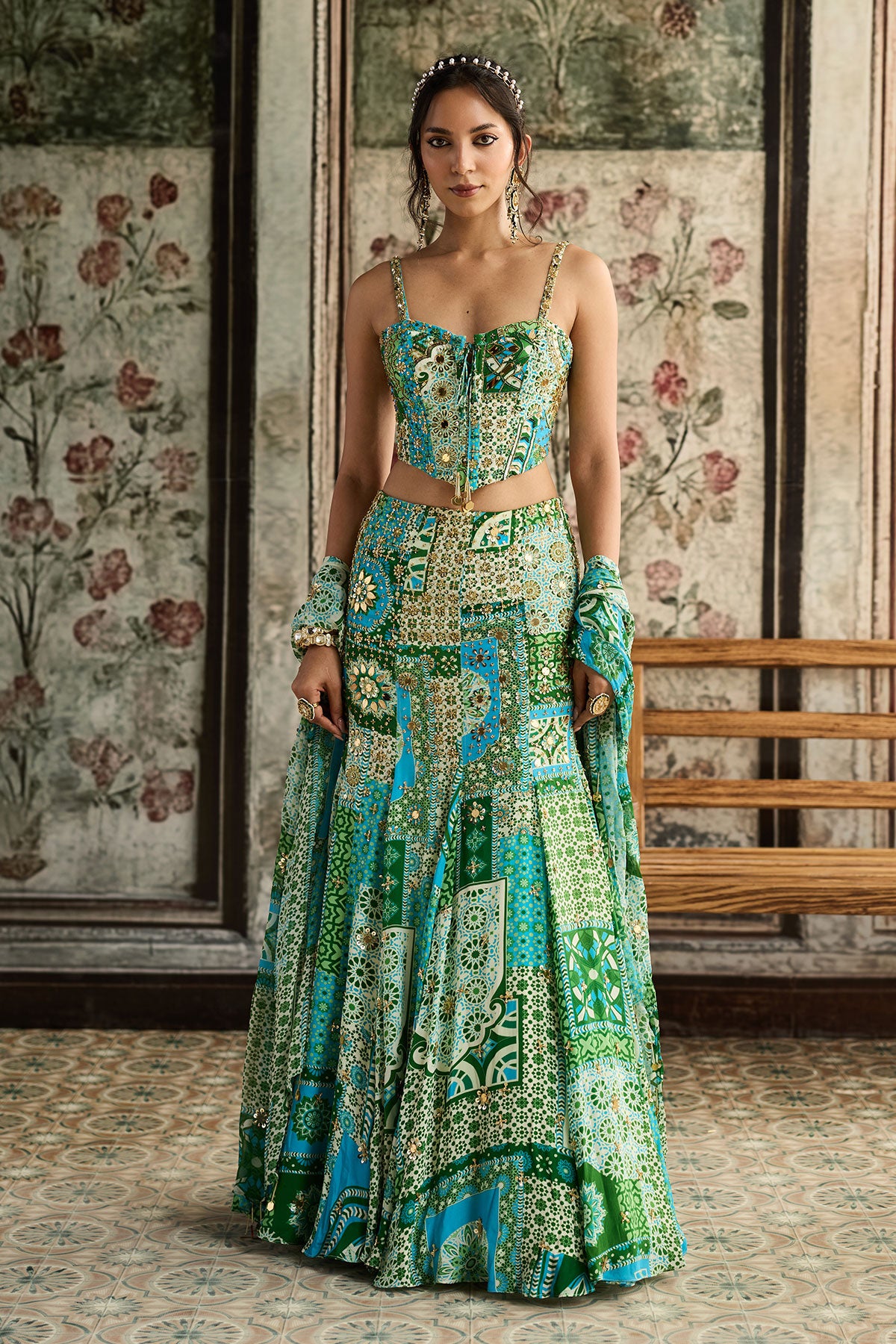 Aqua Print And Highlighted Corset Mermaid Skirt Set