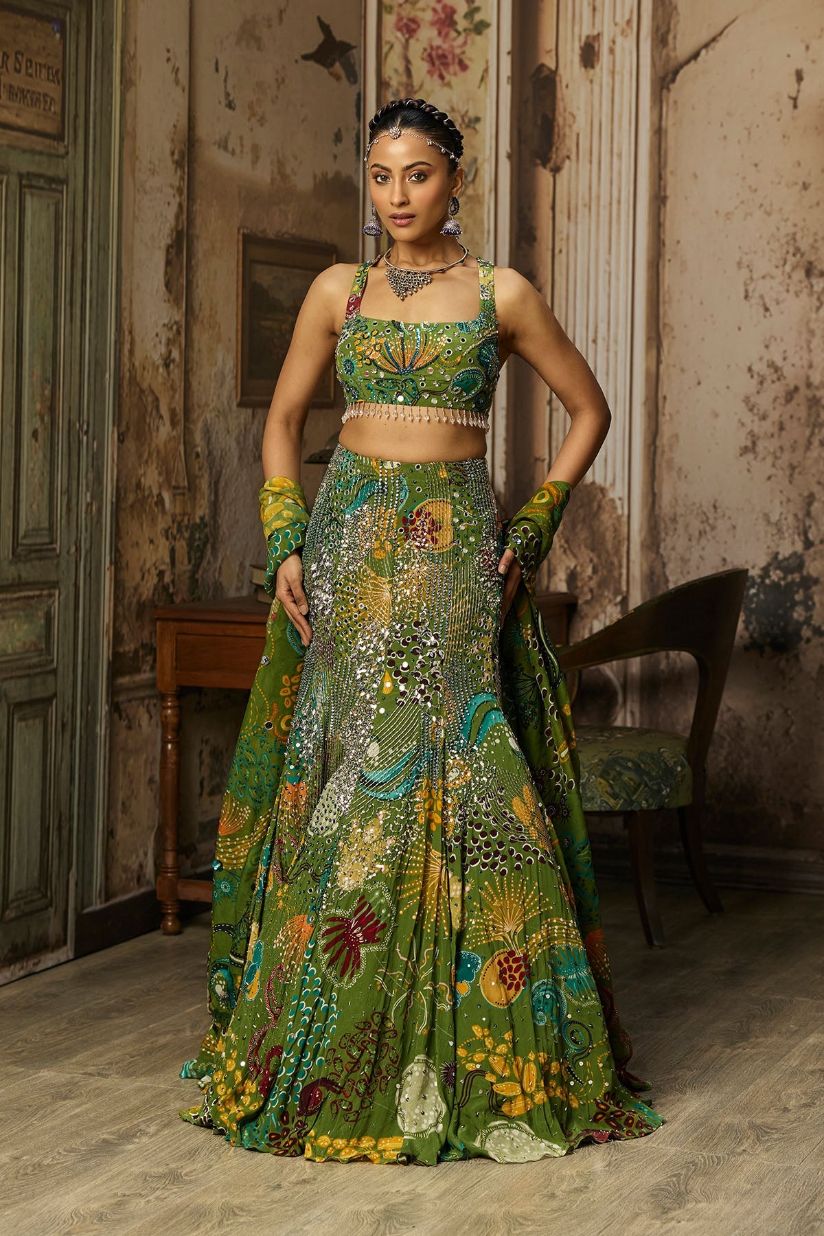 Pear Green Printed And Highlighted Mermaid Skirt Set