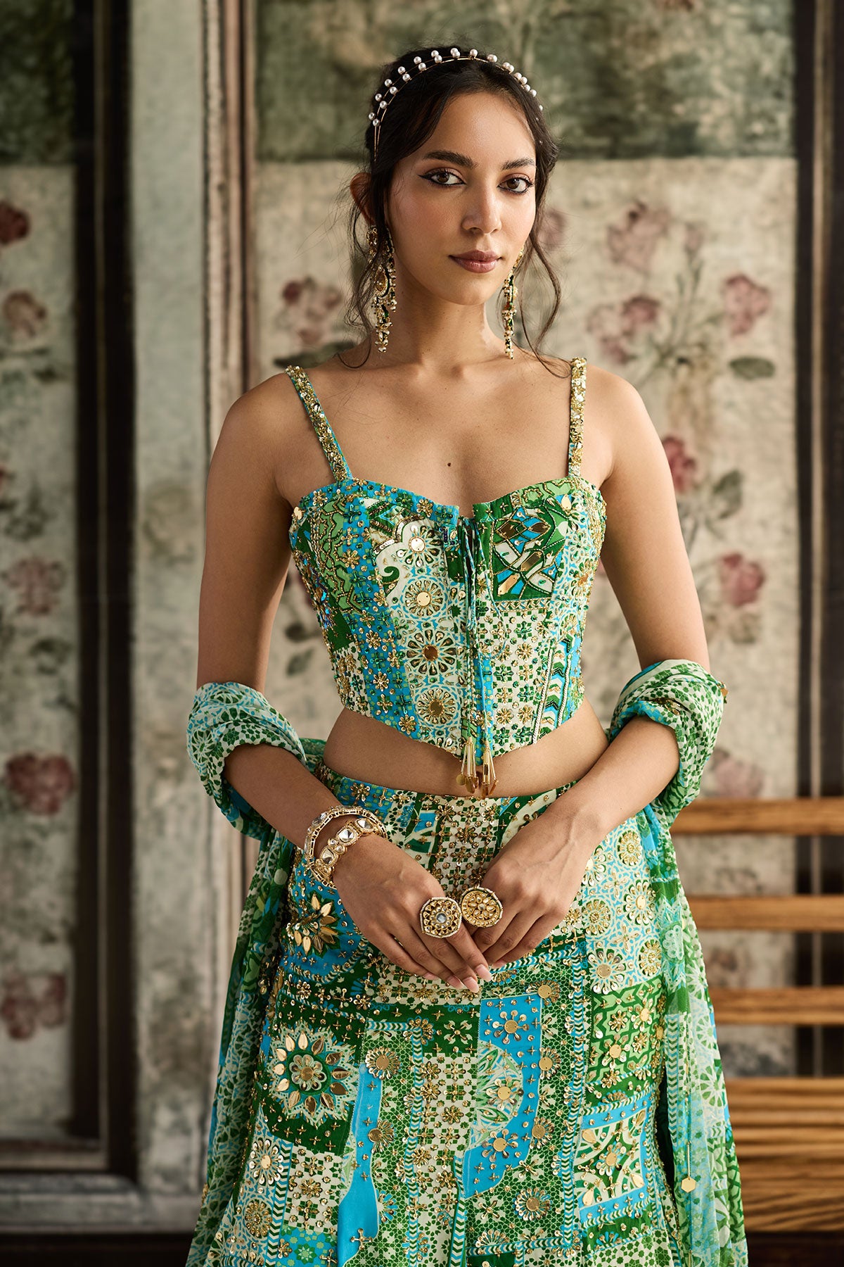 Aqua Print And Highlighted Corset Mermaid Skirt Set