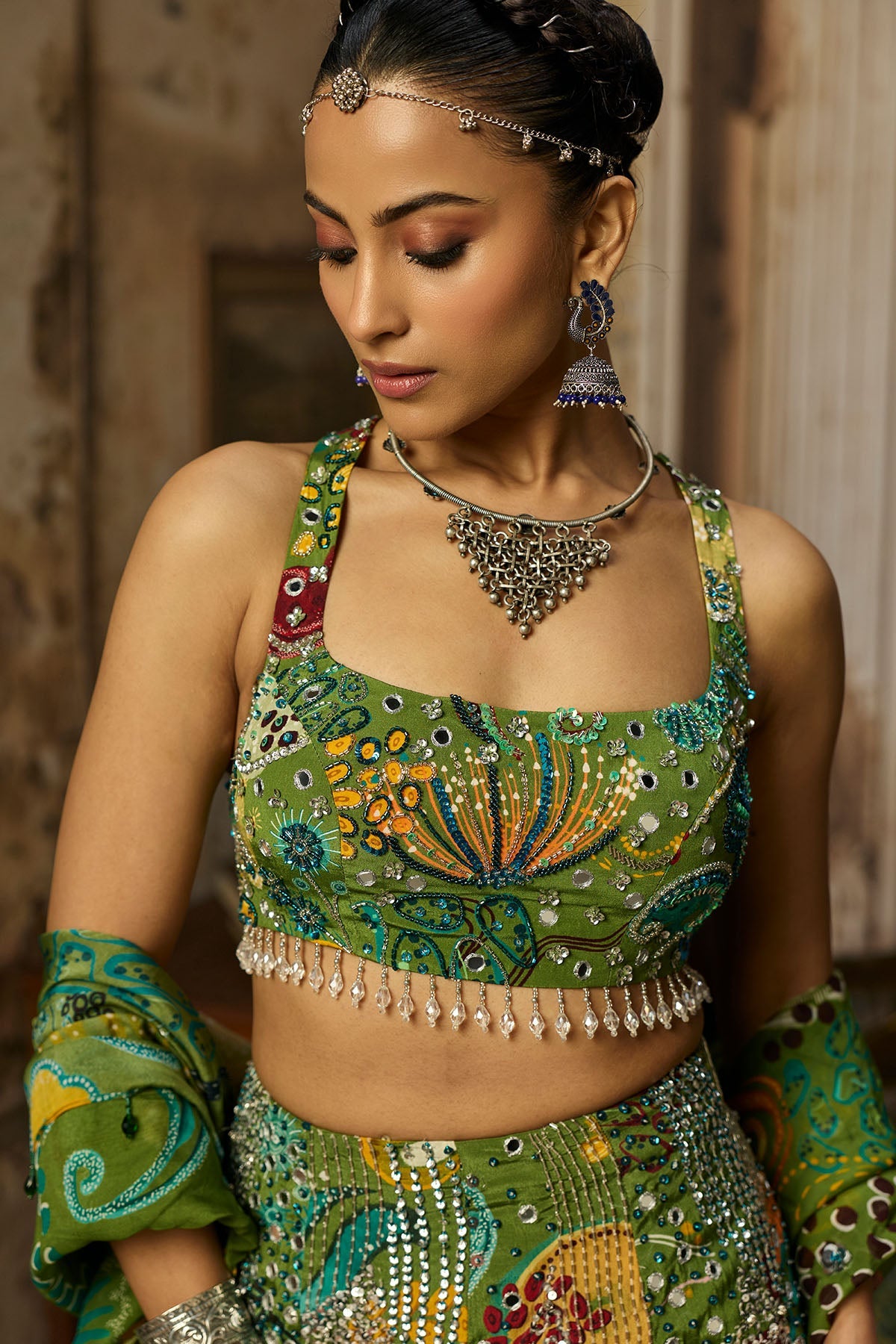 Pear Green Printed And Highlighted Mermaid Skirt Set