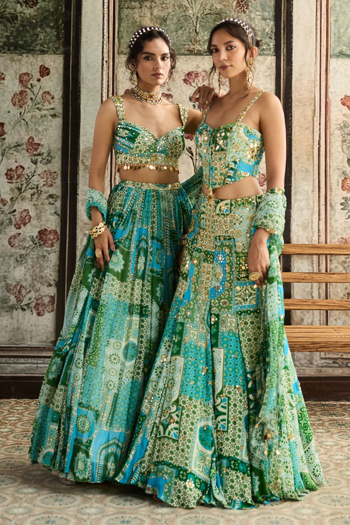 Aqua Print And Highlighted Corset Mermaid Skirt Set