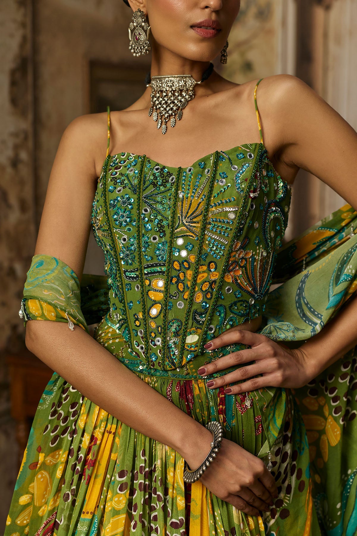 Pear Green Printed And Highlighted Corset Lehenga Set