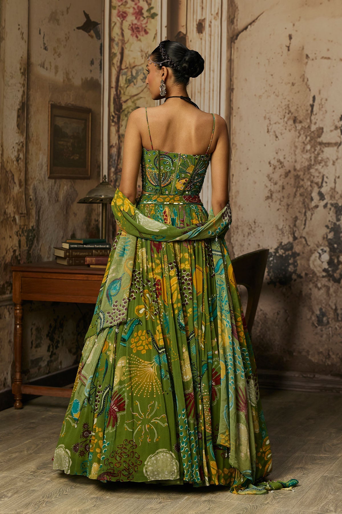 Pear Green Printed And Highlighted Corset Lehenga Set