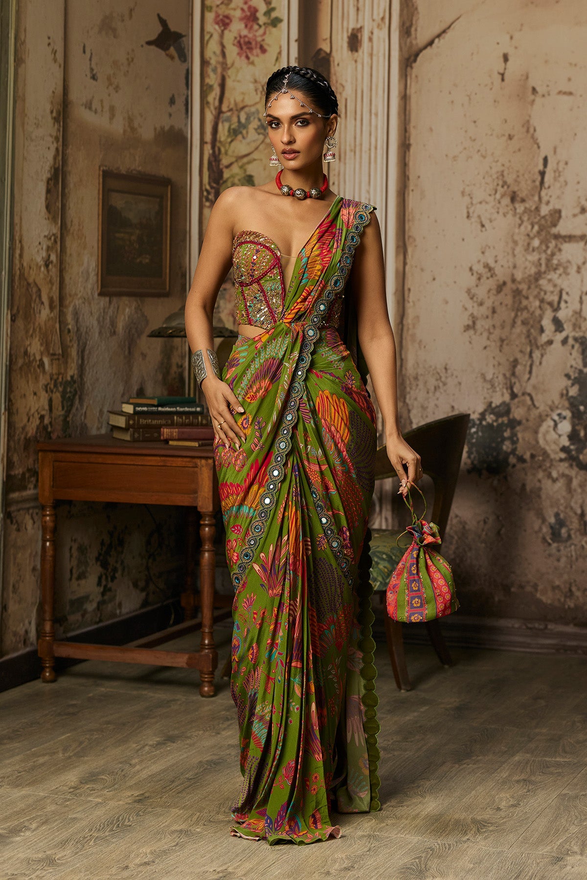 Pear Green Printed And Highlighted Dhoti Skirt Saree Set