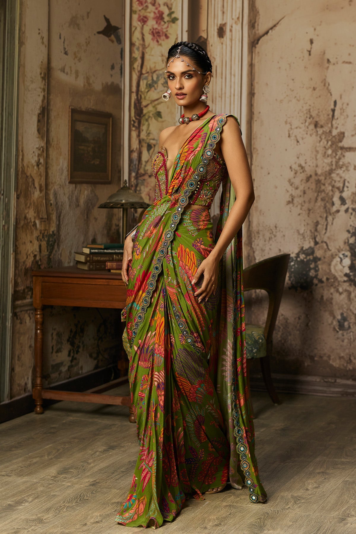 Pear Green Printed And Highlighted Dhoti Skirt Saree Set