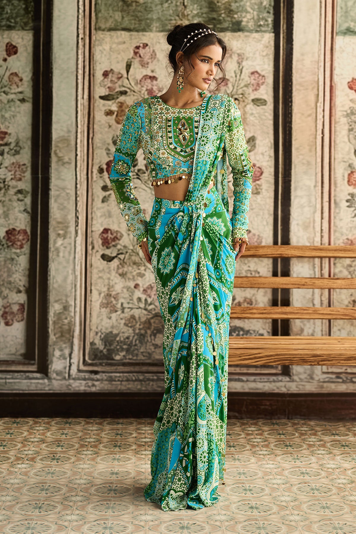 Aqua Print And Highlighted Dhoti Saree Set