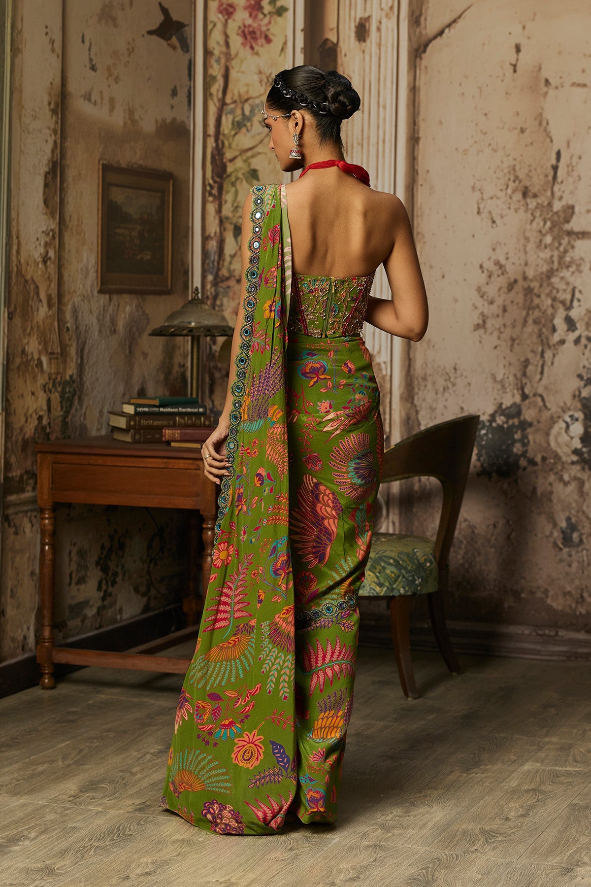 Pear Green Printed And Highlighted Dhoti Skirt Saree Set