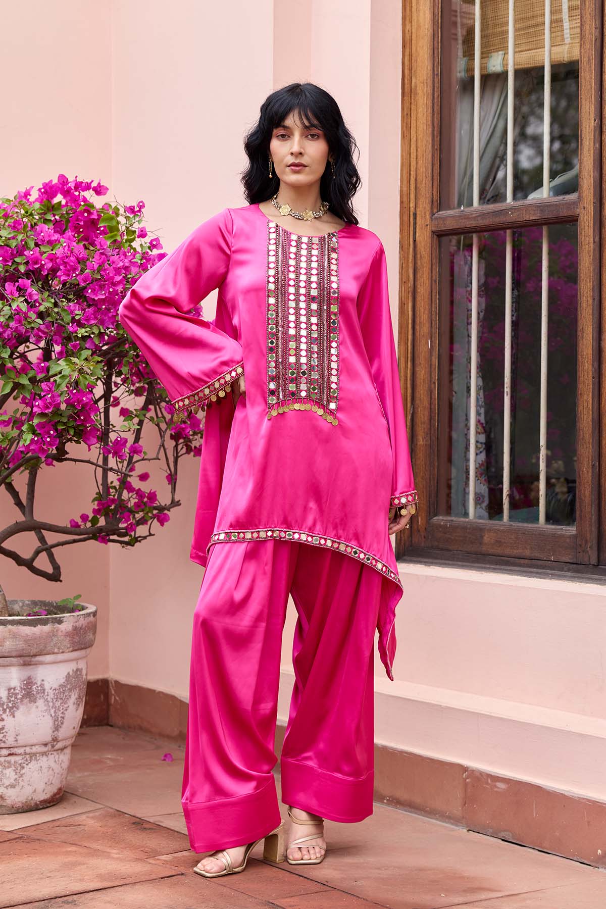 FUSCHIA PINK EMBROIDERED KURTI SET