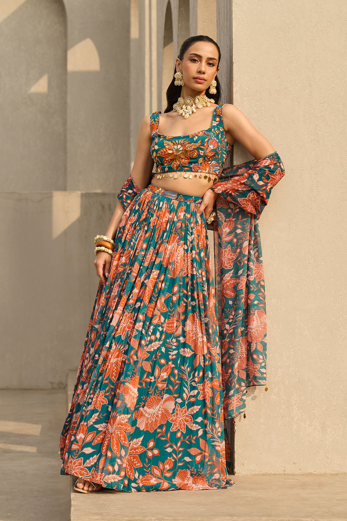 TEAL & RUST FLORAL PRINTED LEHENGA SET