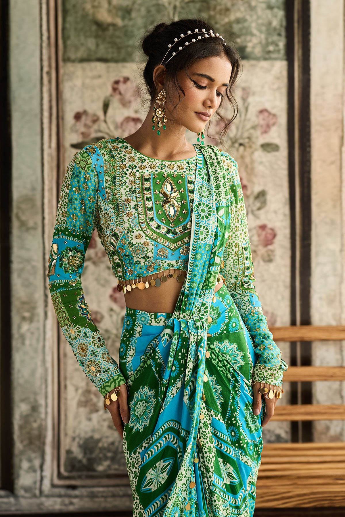 Aqua Print And Highlighted Dhoti Saree Set