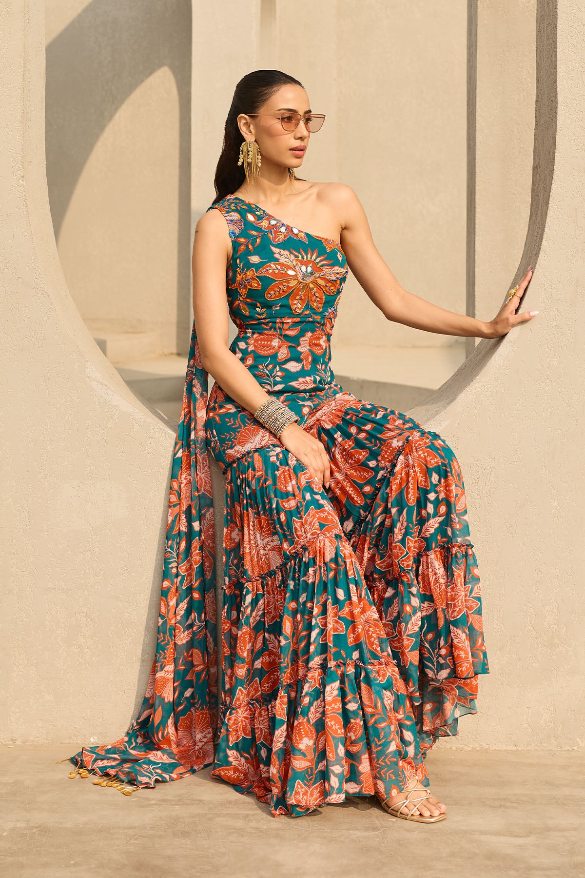 TEAL & RUST FLORAL PRINTED JUMPSUIT