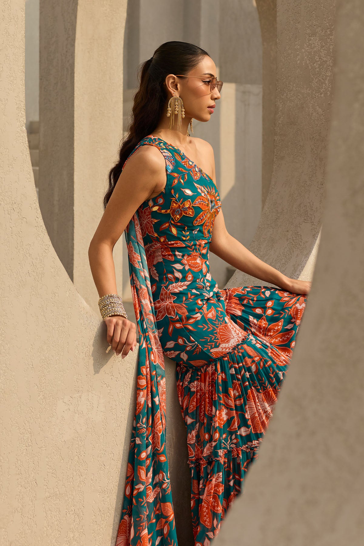 TEAL & RUST FLORAL PRINTED JUMPSUIT