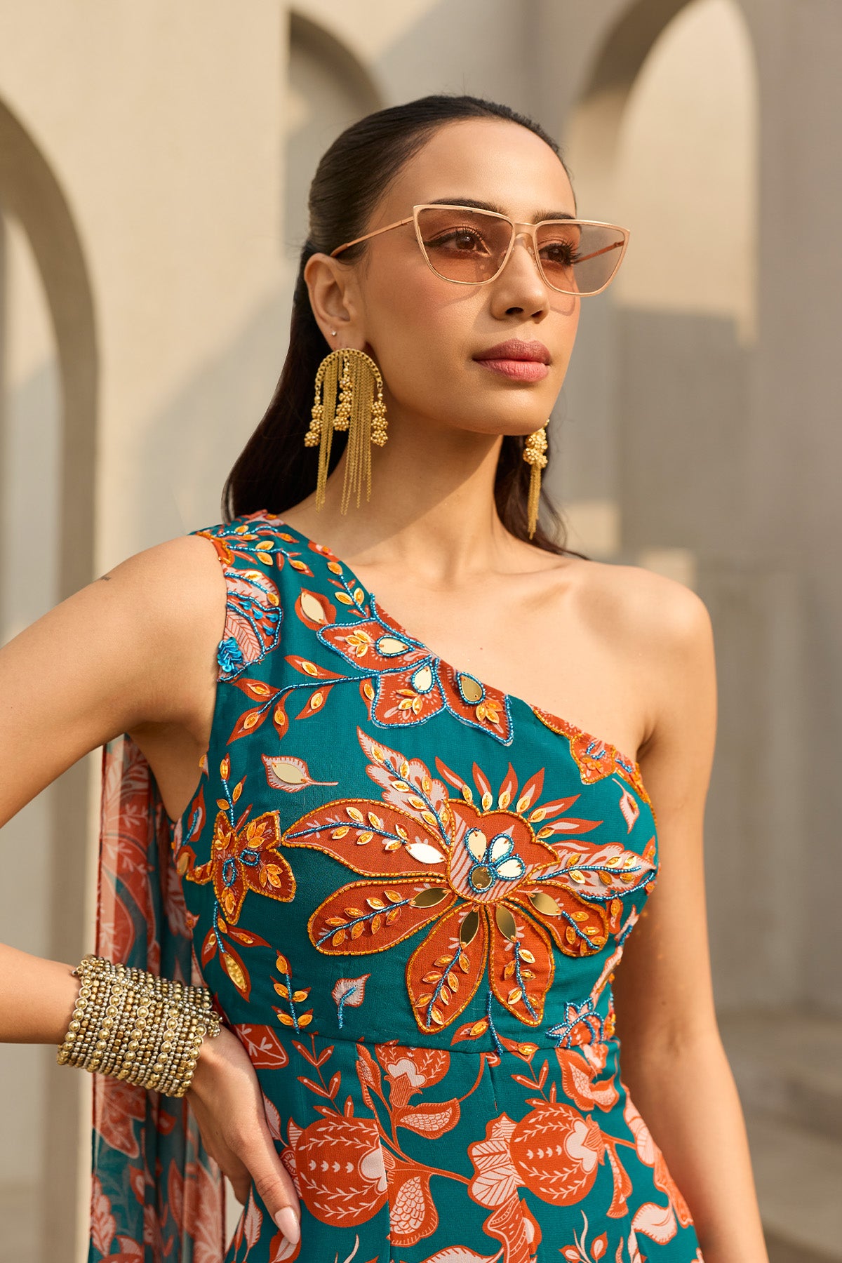 TEAL & RUST FLORAL PRINTED JUMPSUIT