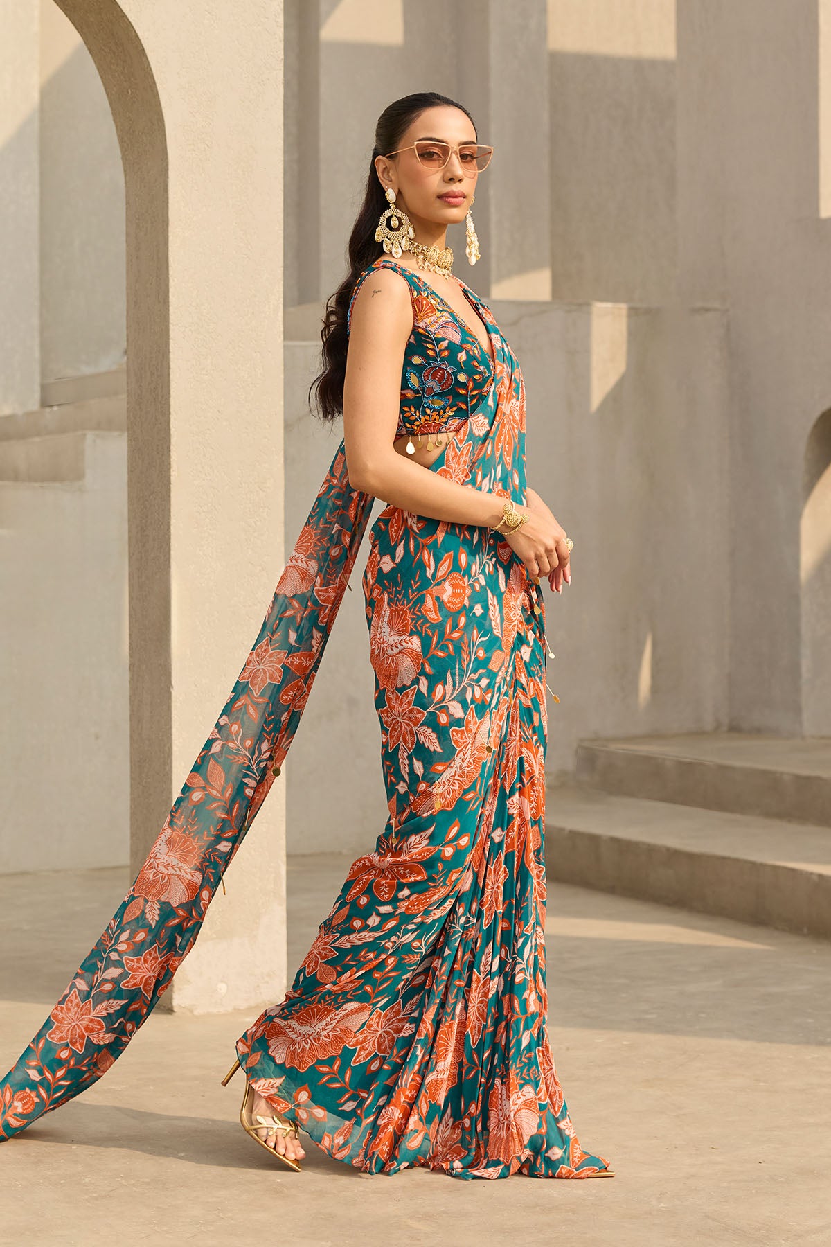 TEAL & RUST FLORAL PRINTED SAREE SET