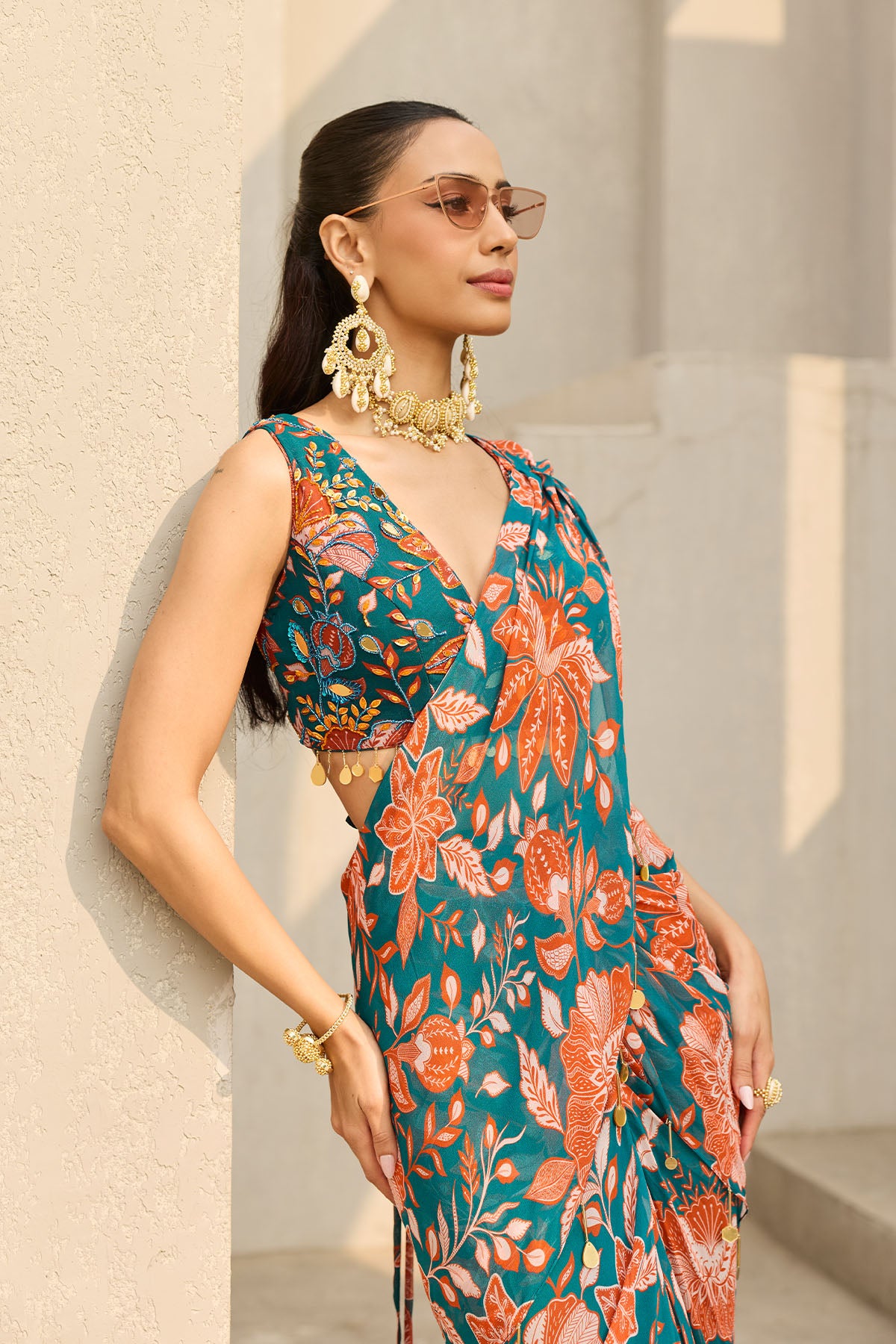 TEAL & RUST FLORAL PRINTED SAREE SET