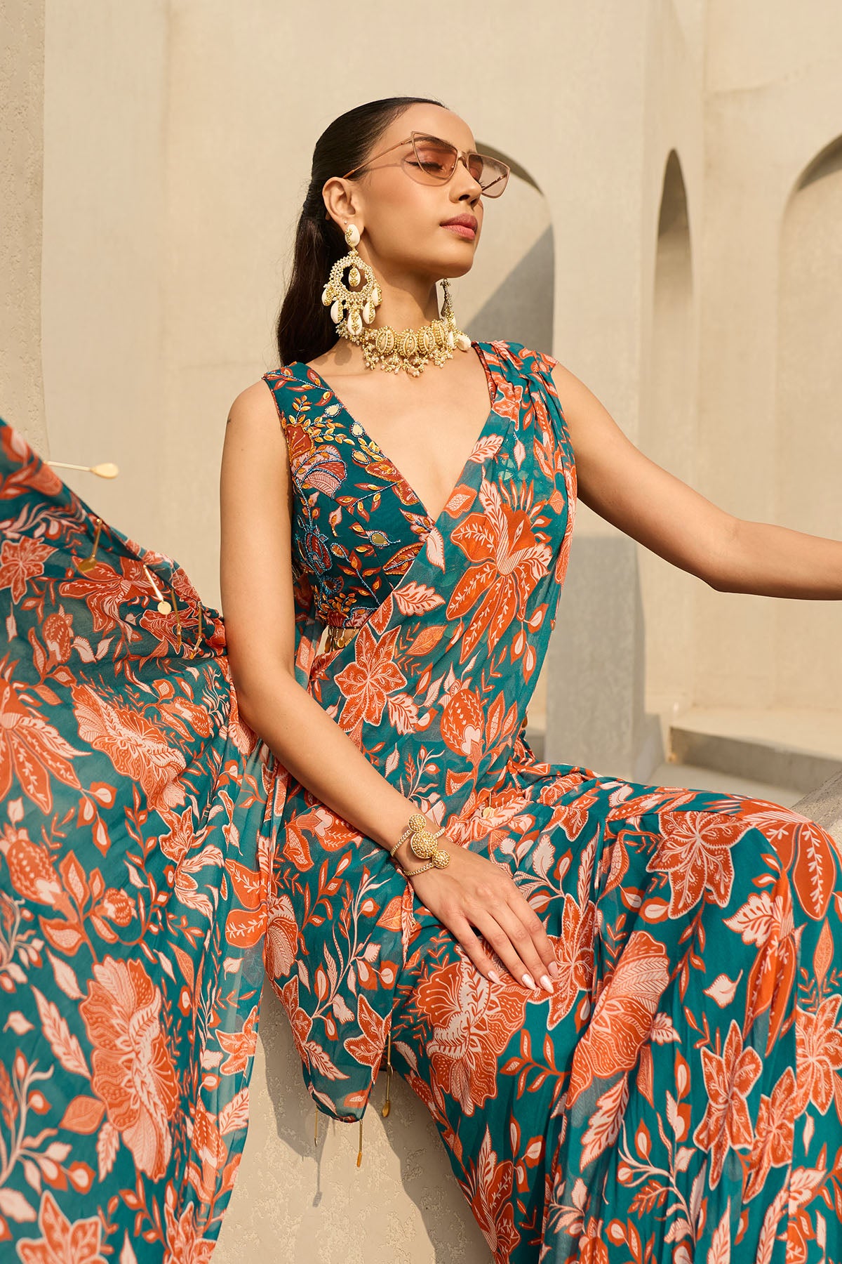 SHRUTI JUNEJA IN TEAL & RUST FLORAL PRINTED SAREE SET