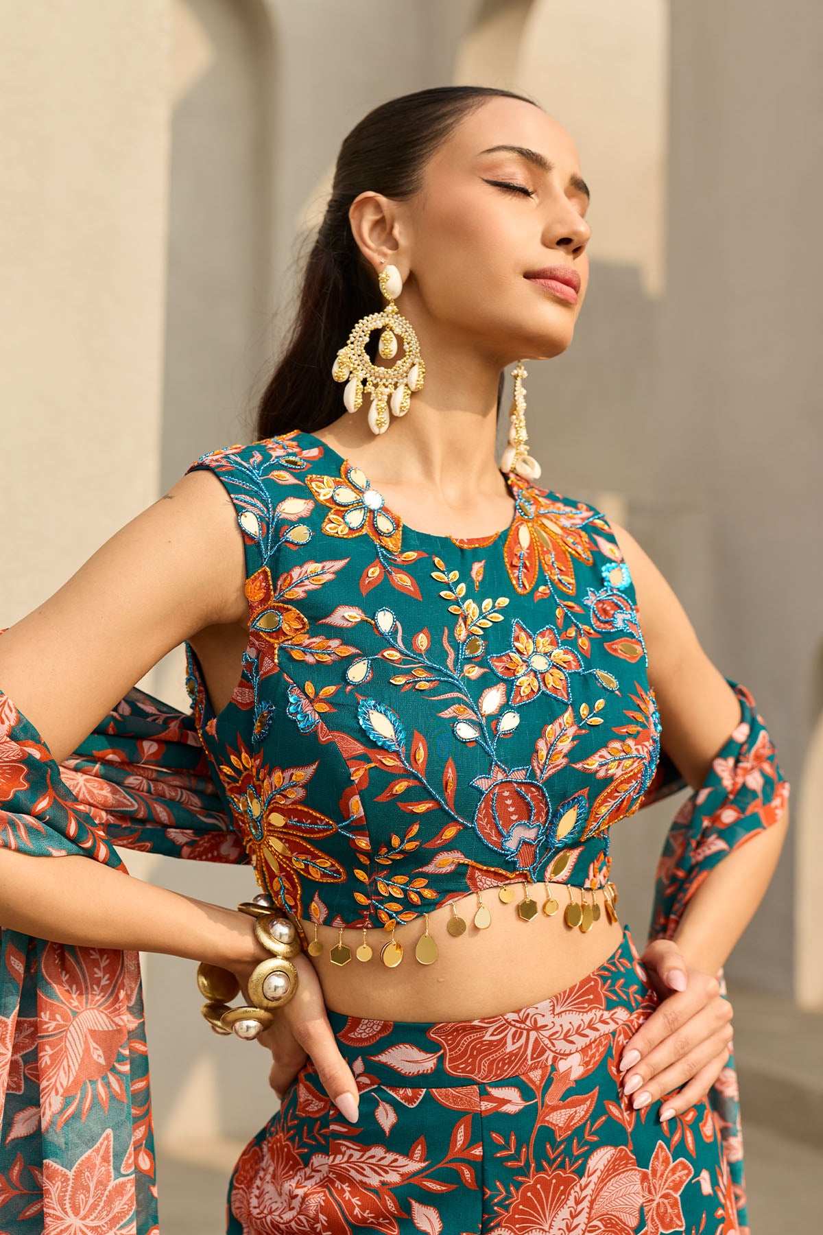 TEAL & RUST FLORAL PRINTED SHARARA SET