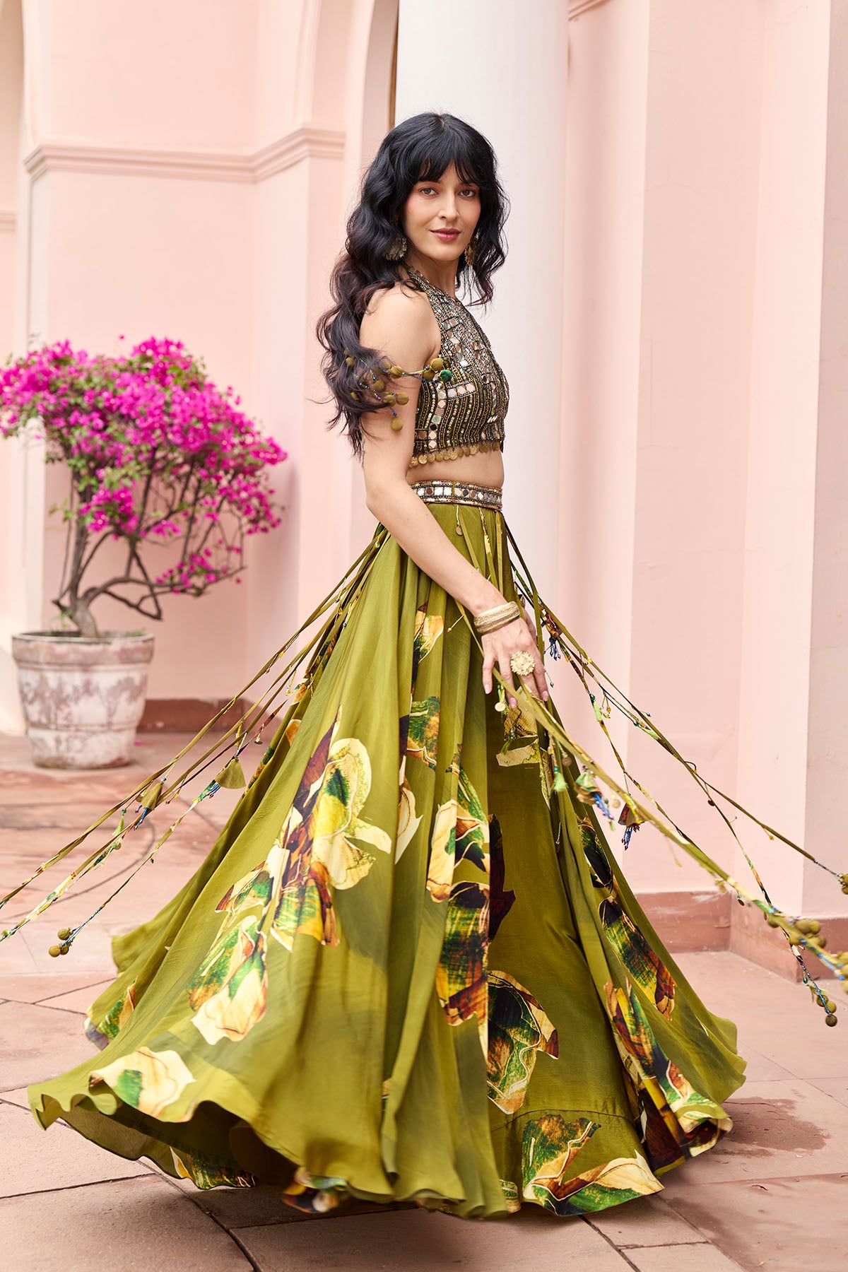 MATCHA GREEN FLORAL TASSELED LEHENGA SET