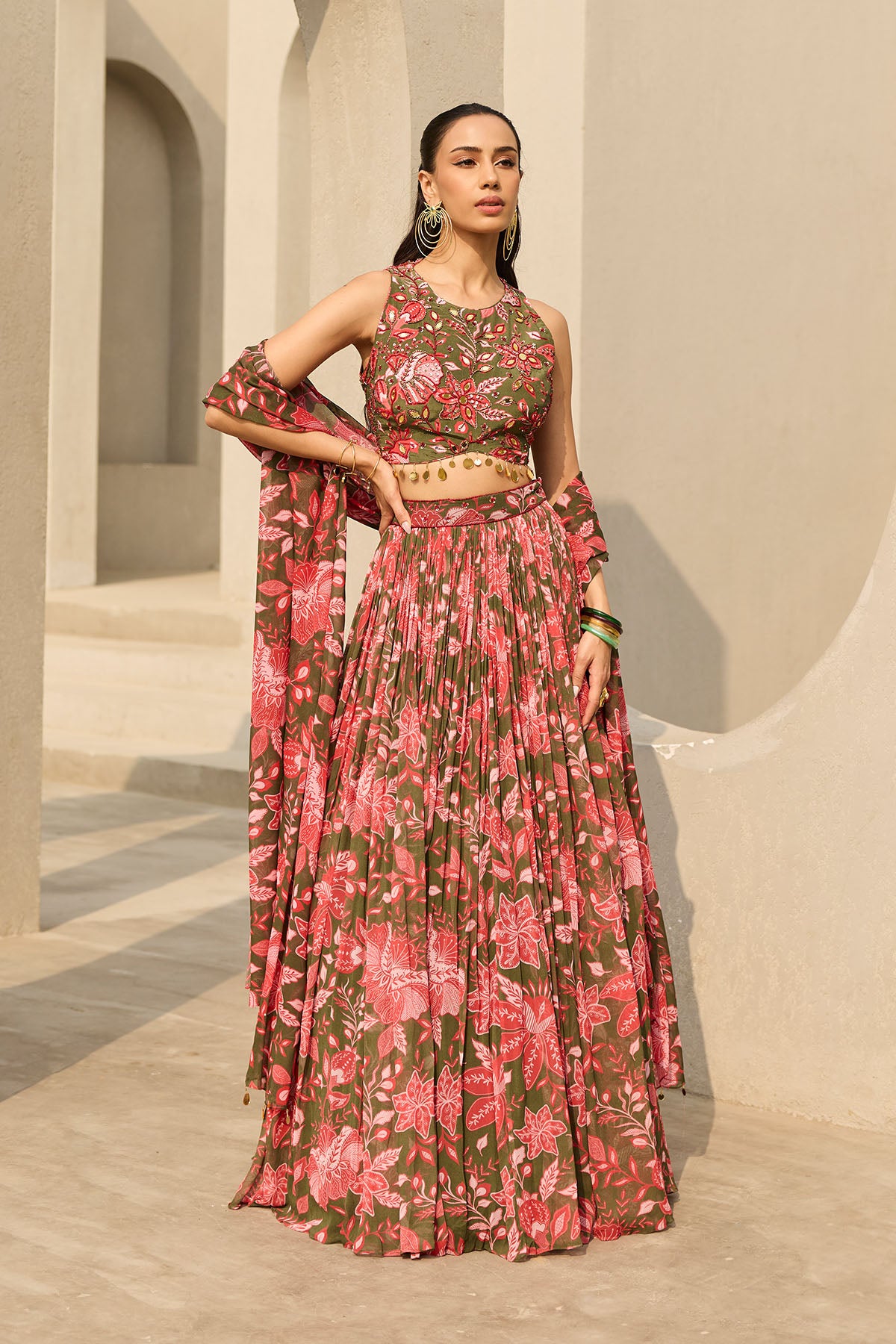 SAGE GREEN FLORAL PRINTED LEHENGA SET
