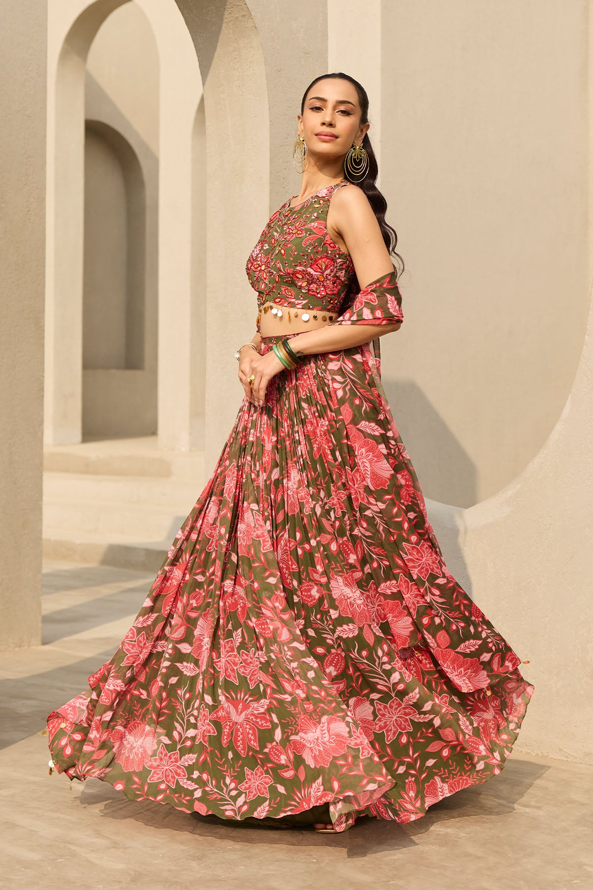 SAGE GREEN FLORAL PRINTED LEHENGA SET