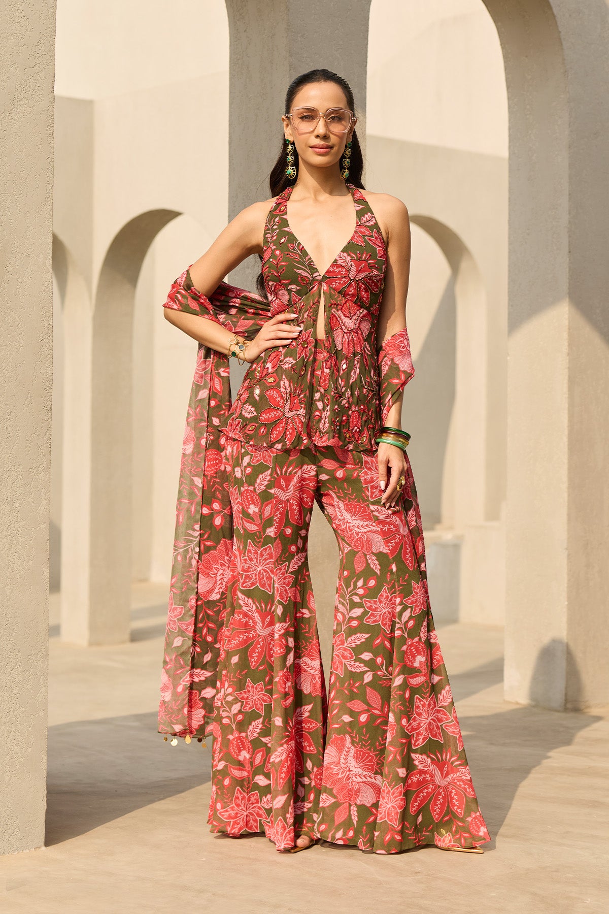 SAGE GREEN FLORAL PRINTED PEPLUM SET