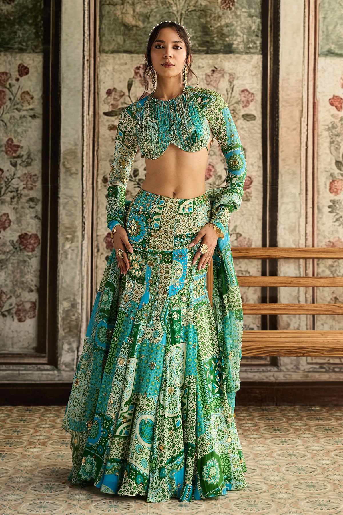 Aqua Print And Highlighted Ruched Blouse Mermaid Skirt Set