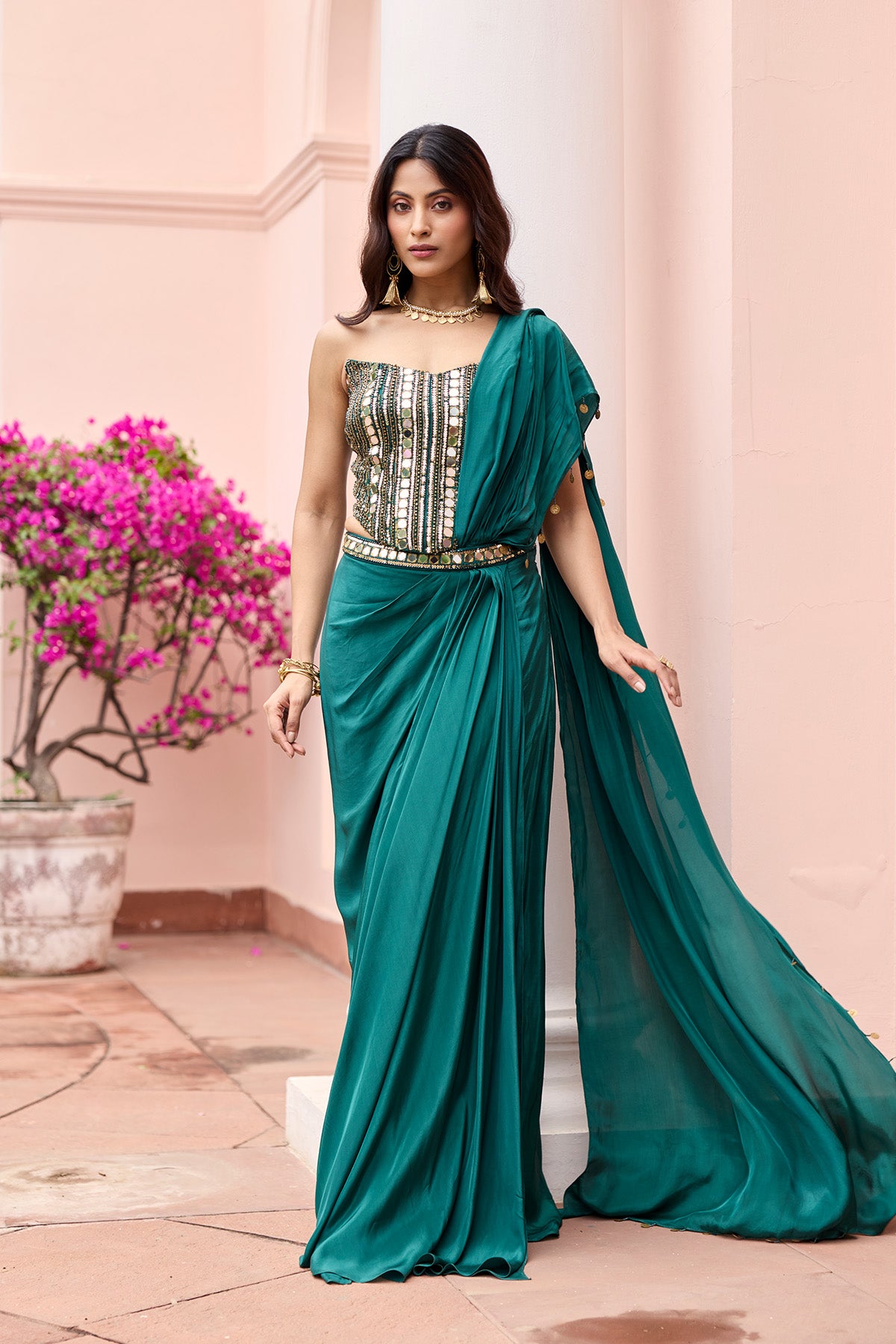 BOTTTLE GREEN EMBROIDERED CORSET SAREE SET