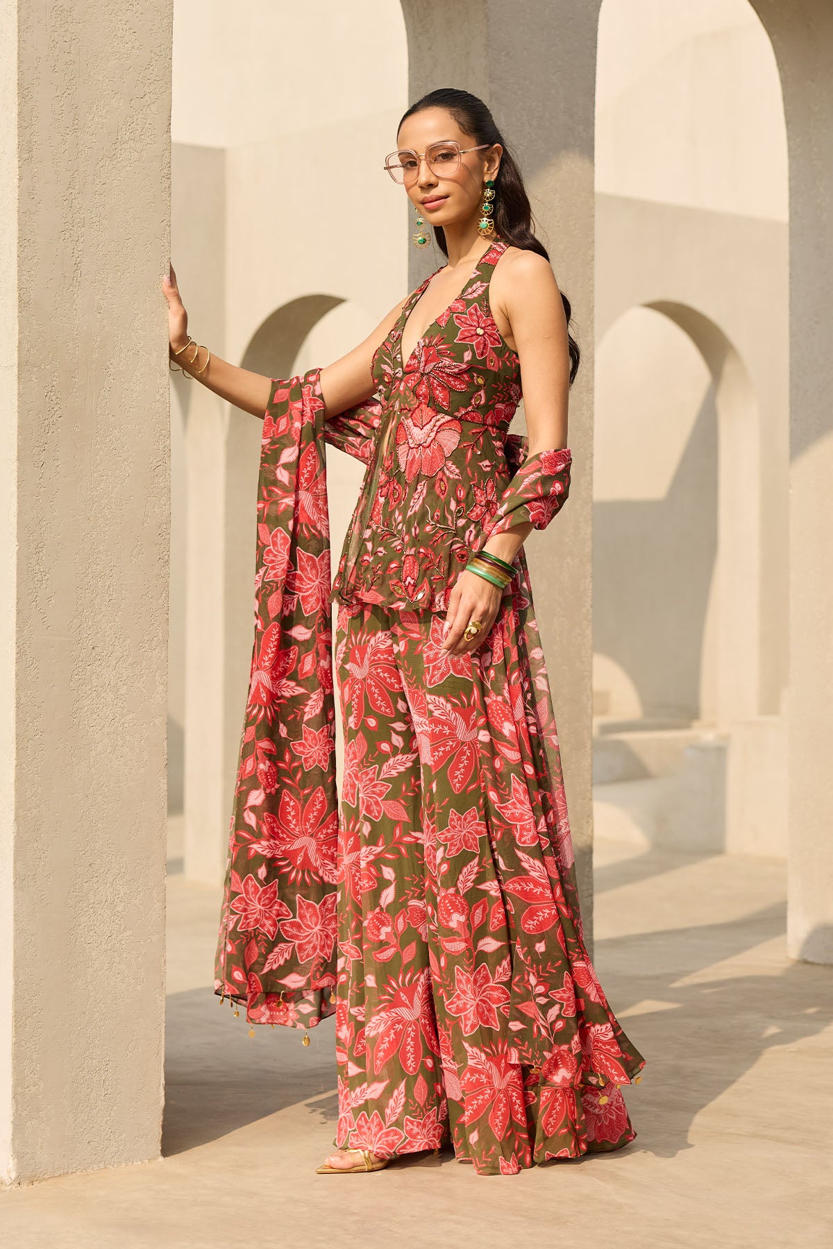 SAGE GREEN FLORAL PRINTED PEPLUM SET