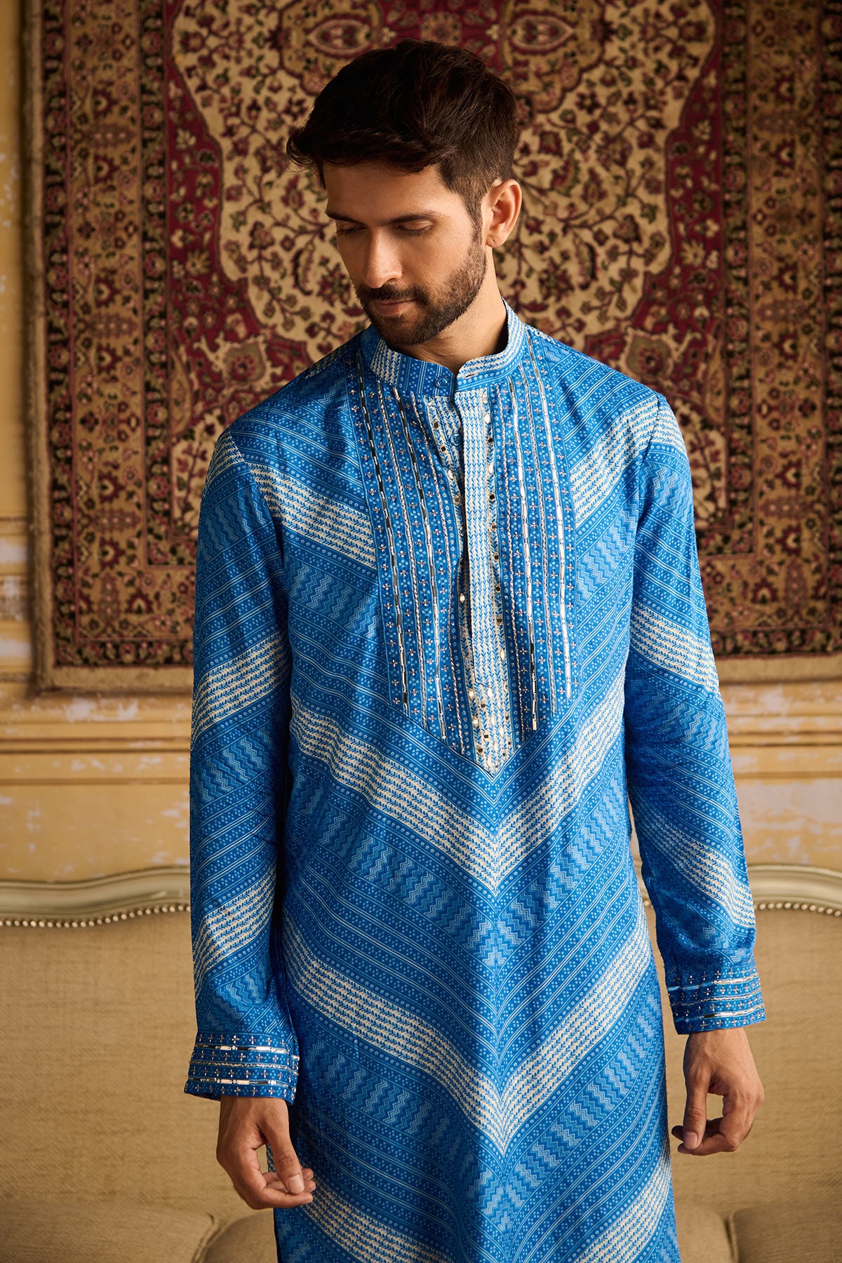 Outlet BLUE Cheveron Kurta with Cream Pant