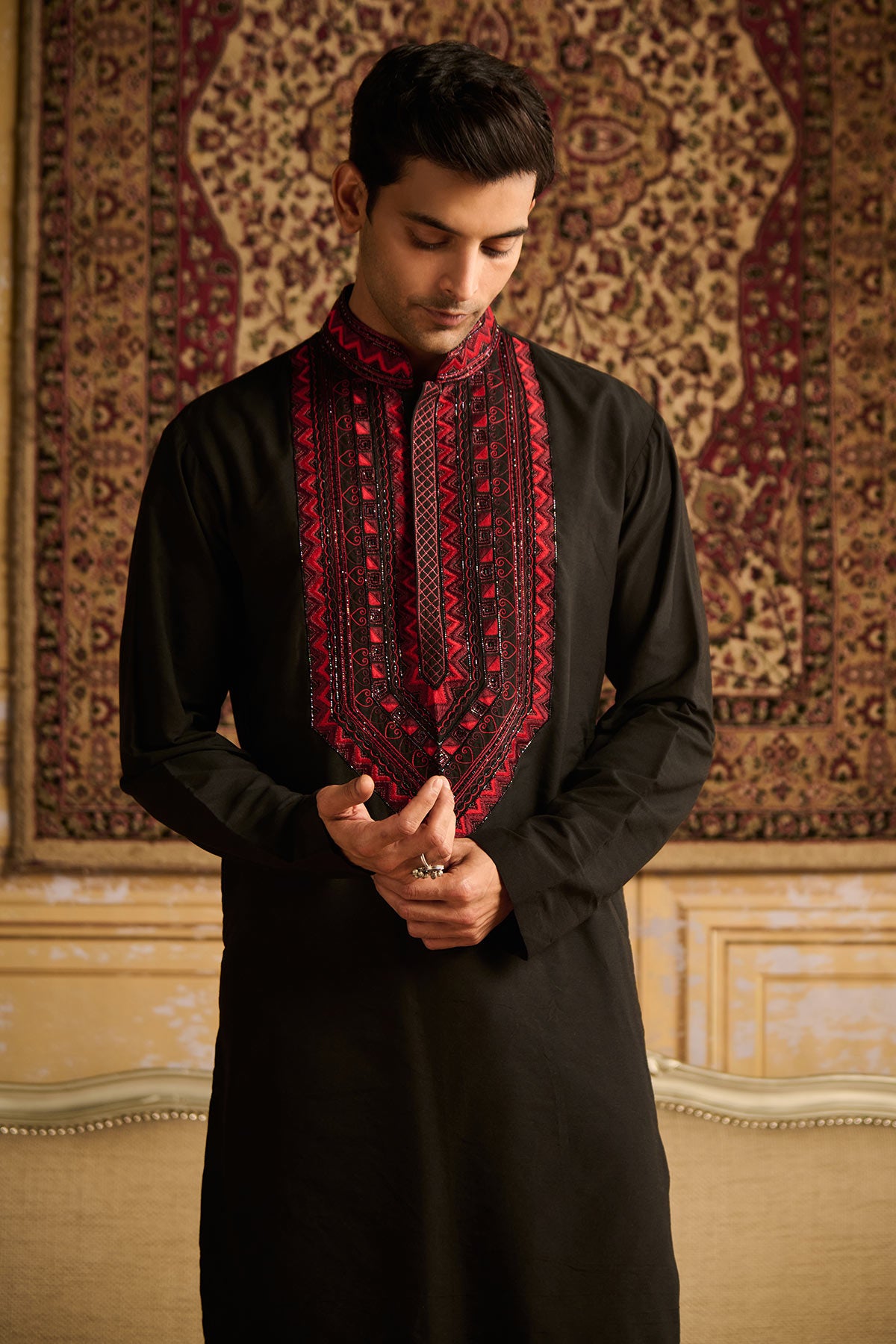 BLACK WITH RED YOKE EMBROIDERED KURTA WITH BLACK PANTS