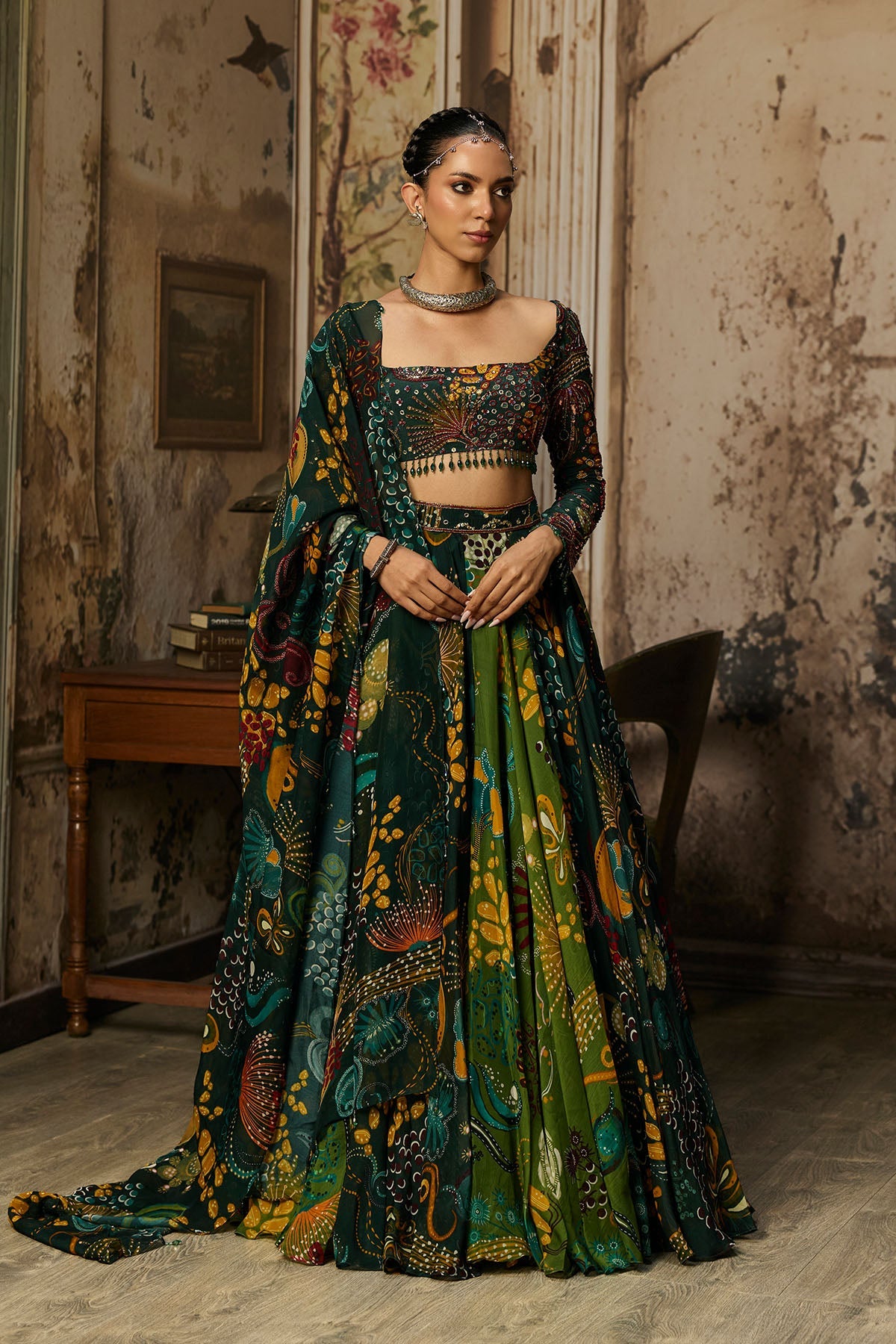 Dark Green Dual Printed And Highlighted Lehenga Set